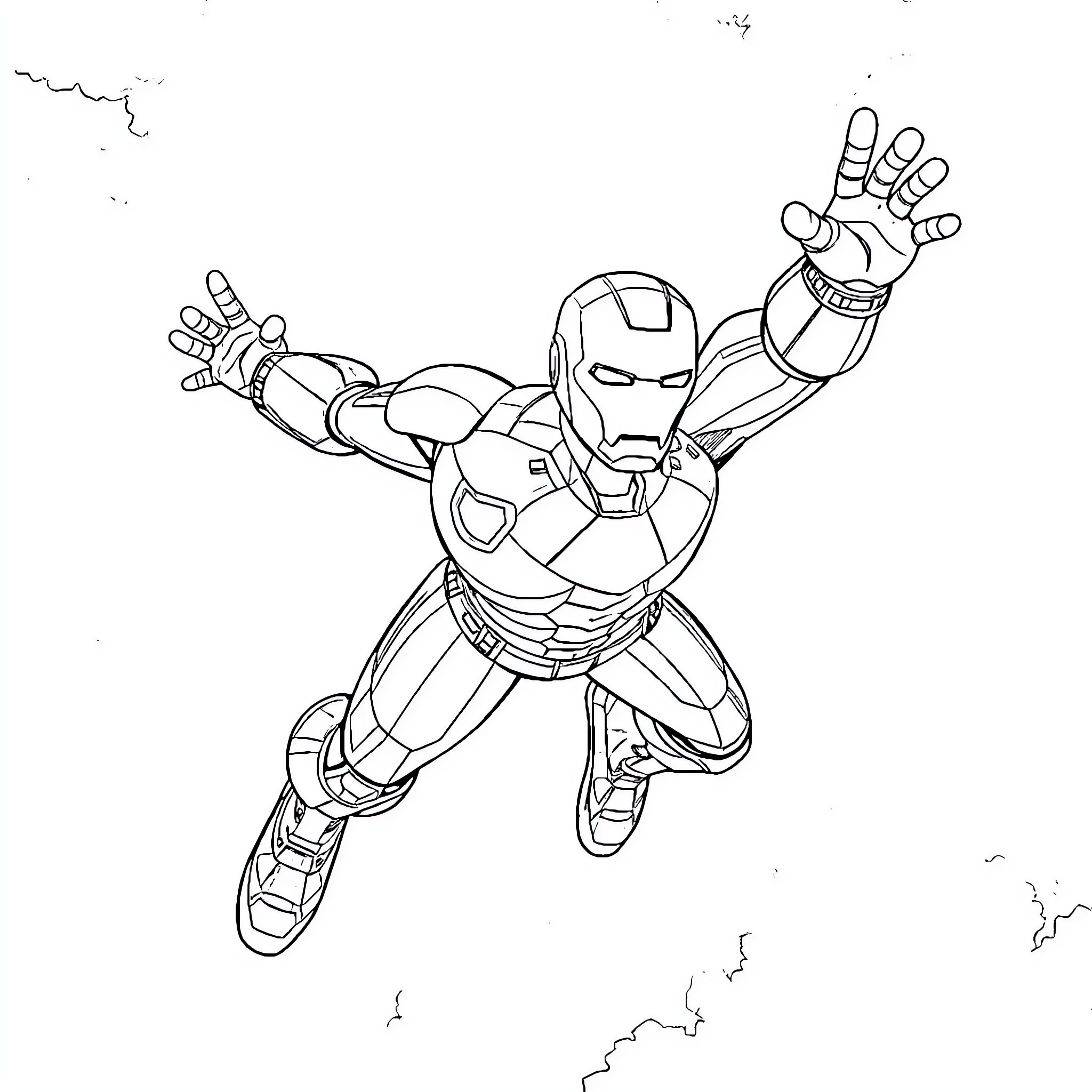 Ironman soaring with outstretched arms Coloring Page (free black-and-white line drawing printable PDF for all, from beginners to advanced learners, including children, teens, adults, and seniors)