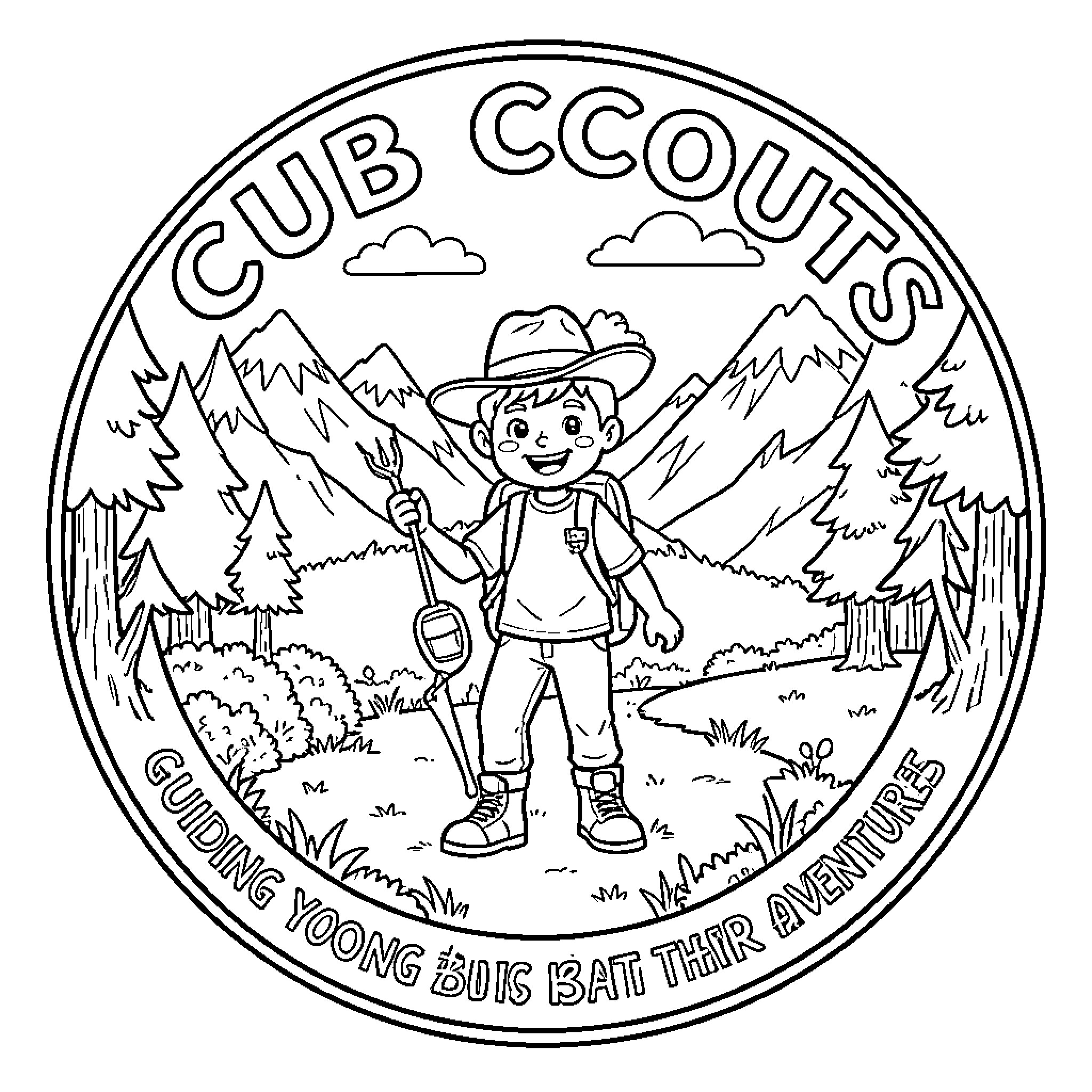 Cub Scout standing in a mountain landscape Coloring Page (free black-and-white line drawing printable PDF for all, from beginners to advanced learners, including children, teens, adults, and seniors)