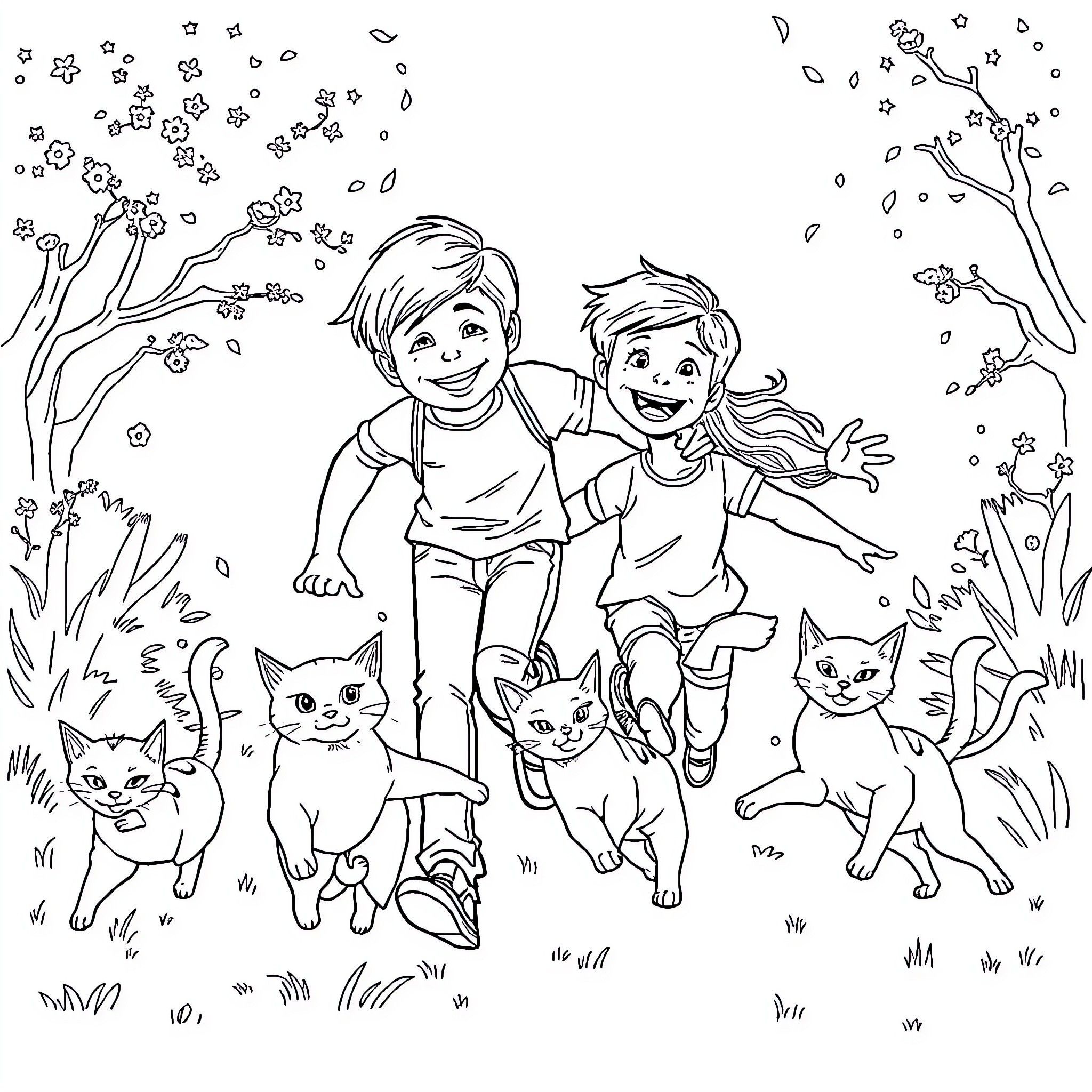 Kids playing joyfully with their feline friends Coloring Page (free black-and-white line drawing printable PDF for all, from beginners to advanced learners, including children, teens, adults, and seniors)