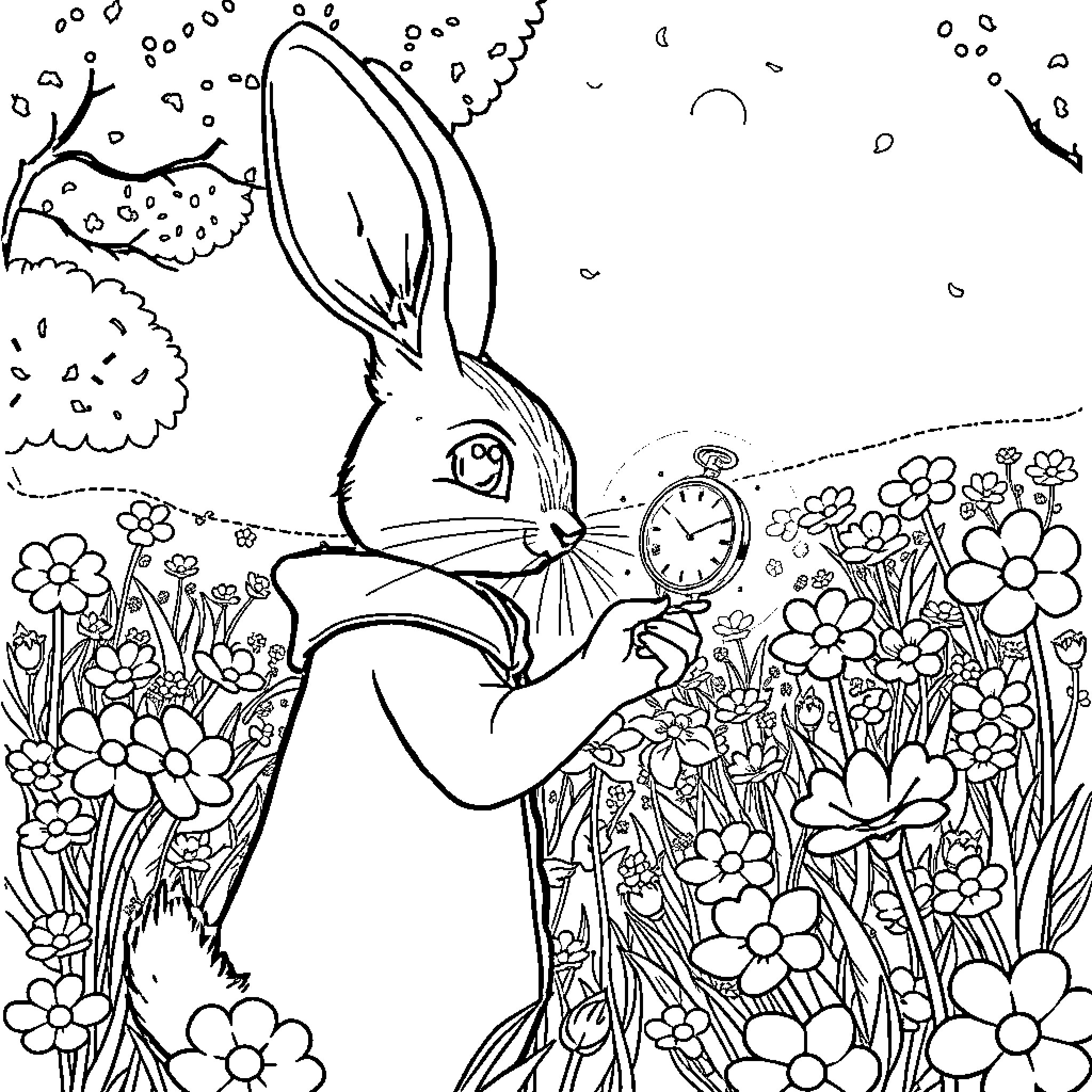 Rabbit running through a floral meadow with a pocket watch Coloring Page (free black-and-white line drawing printable PDF for all, from beginners to advanced learners, including children, teens, adults, and seniors)