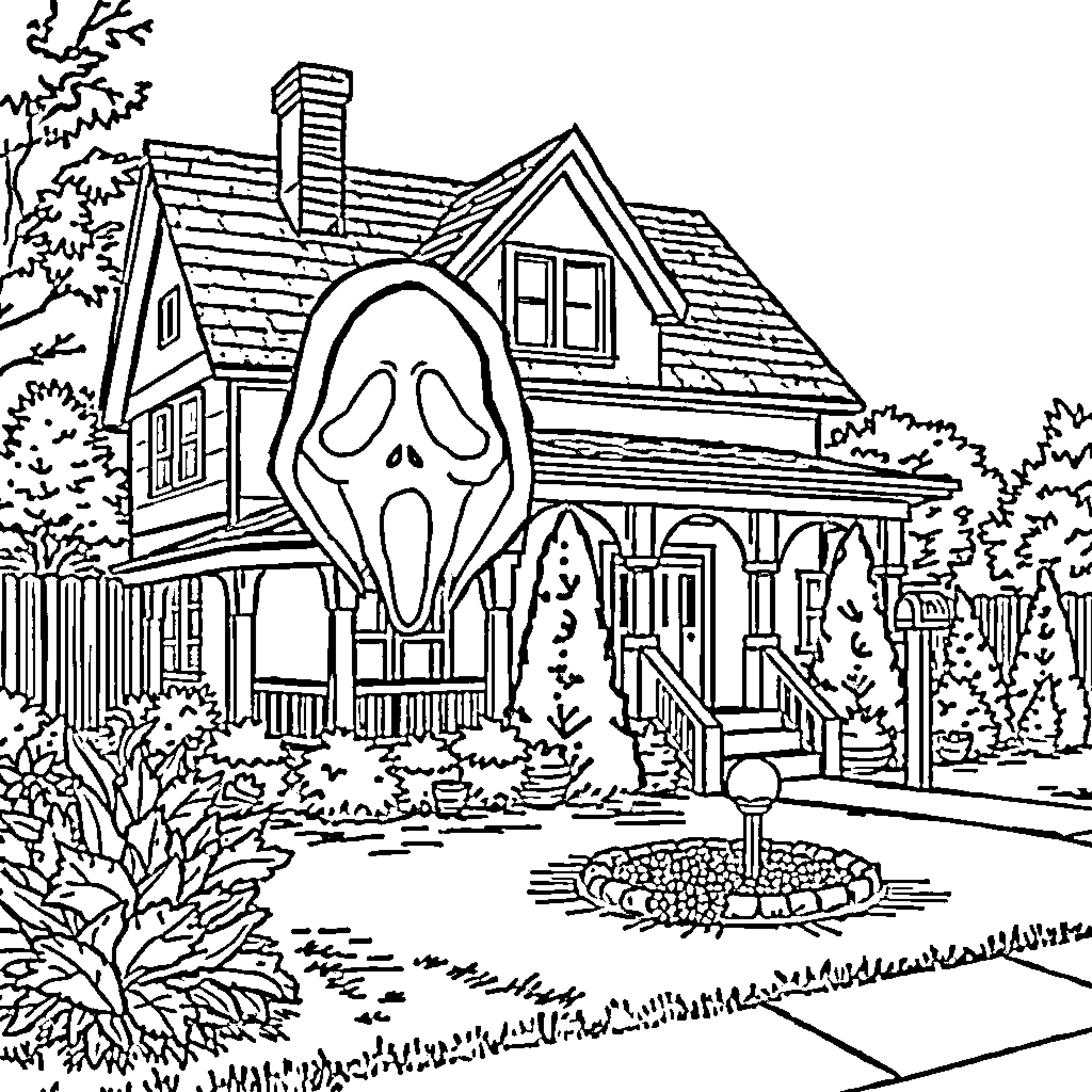 Ghostface haunting a spooky suburban home Coloring Page (free black-and-white line drawing printable PDF for all, from beginners to advanced learners, including children, teens, adults, and seniors)
