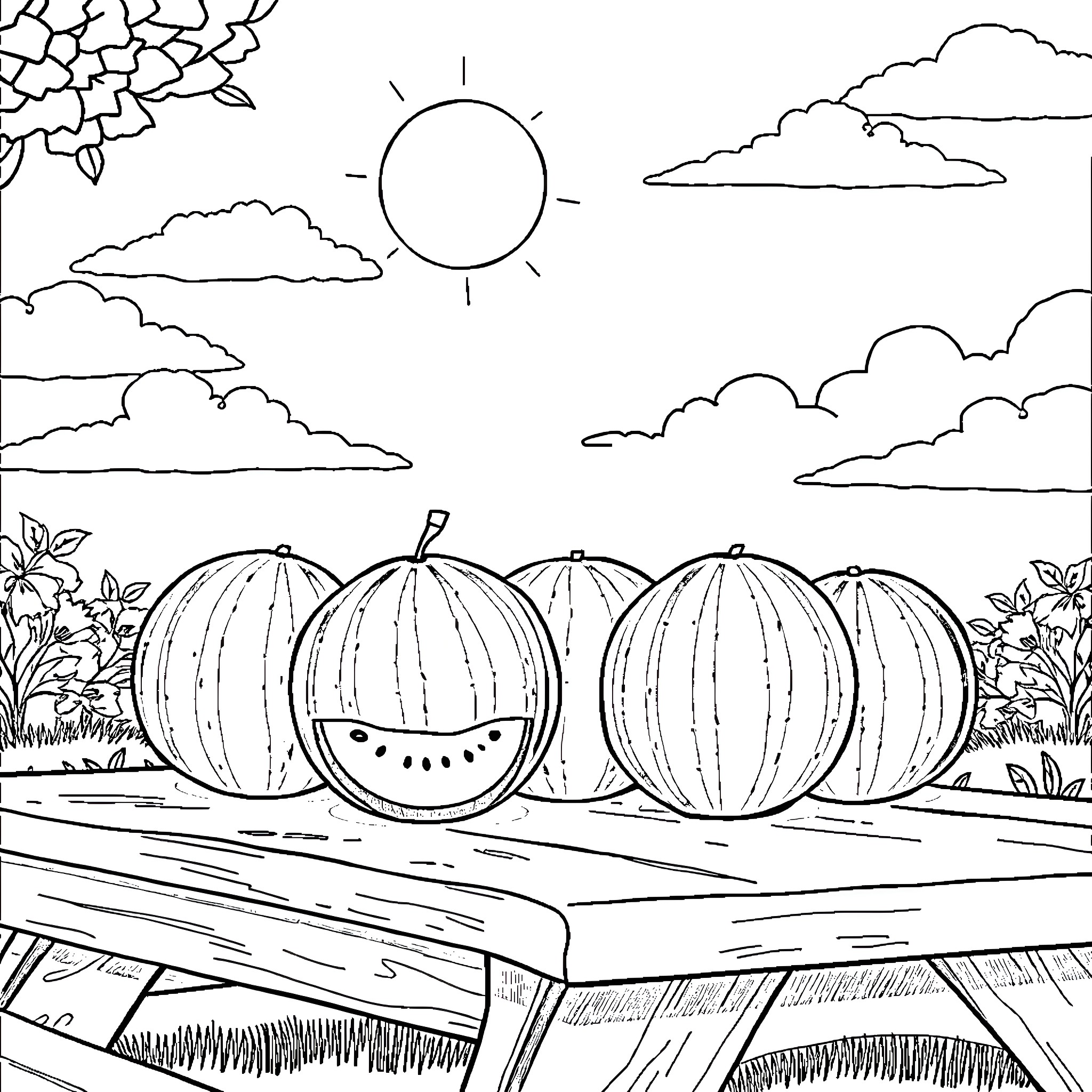 Watermelon harvest under the sunny sky Coloring Page (free black-and-white line drawing printable PDF for all, from beginners to advanced learners, including children, teens, adults, and seniors)