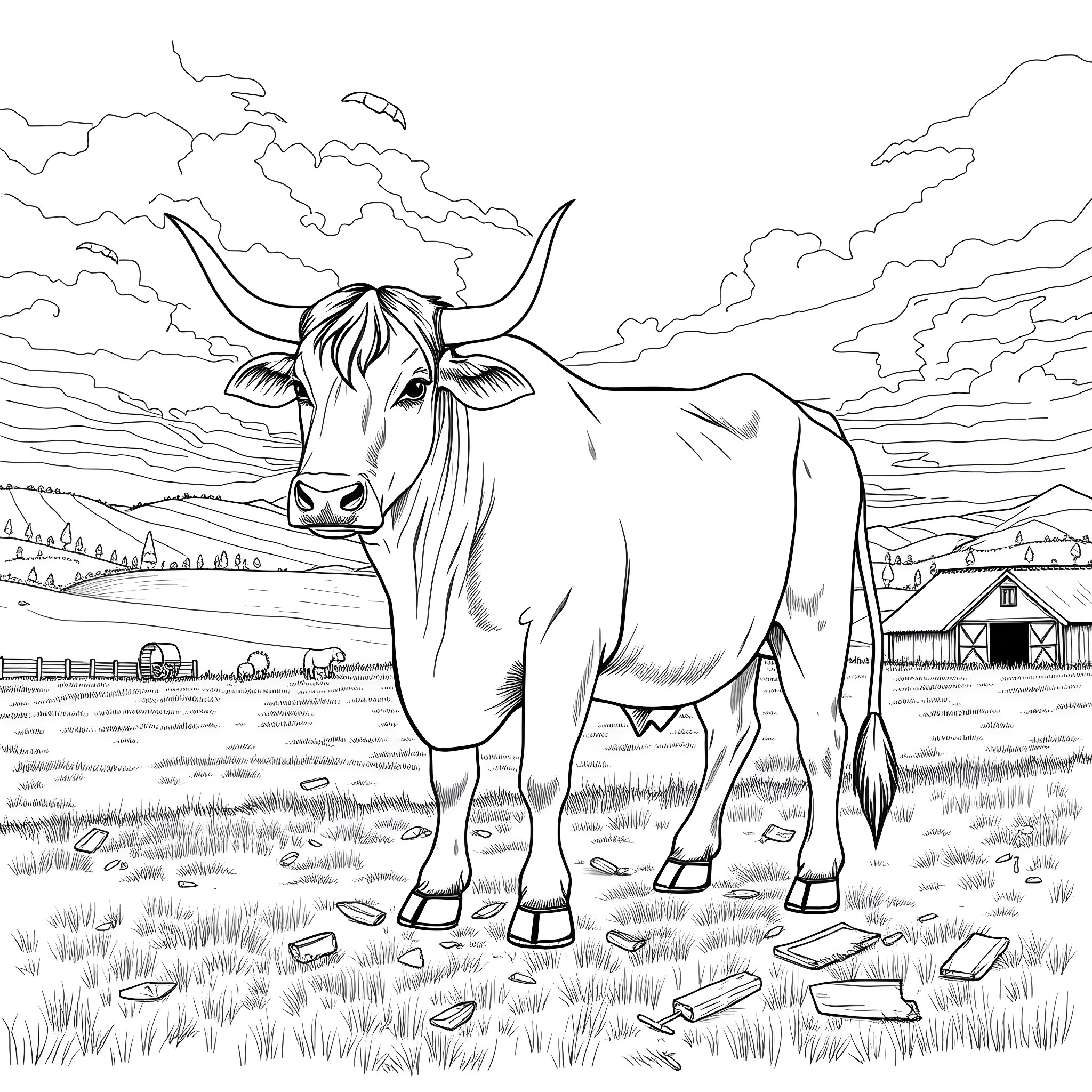 Ox standing in a pastoral landscape Coloring Page (free black-and-white line drawing printable PDF for all, from beginners to advanced learners, including children, teens, adults, and seniors)
