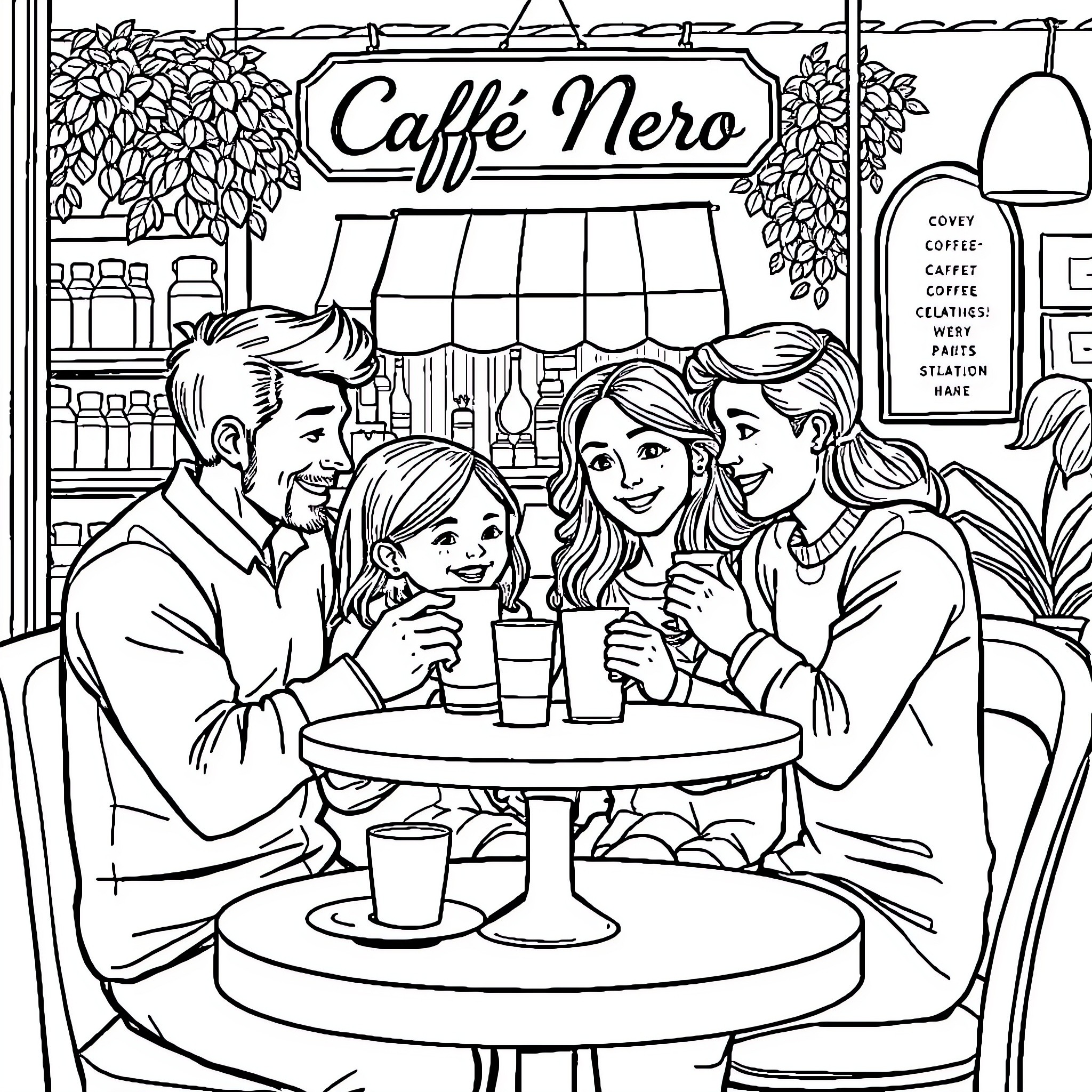 Family enjoying drinks at Caffe Nero Coloring Page (free black-and-white line drawing printable PDF for all, from beginners to advanced learners, including children, teens, adults, and seniors)