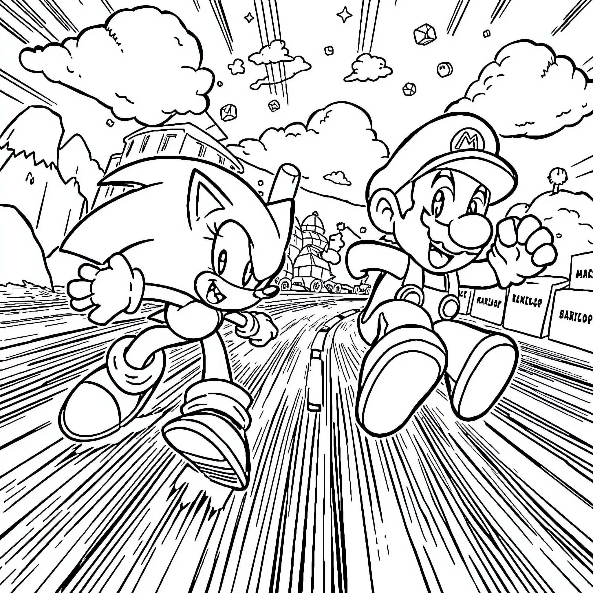 Sonic and Mario racing through a vibrant landscape Coloring Page (free black-and-white line drawing printable PDF for all, from beginners to advanced learners, including children, teens, adults, and seniors)