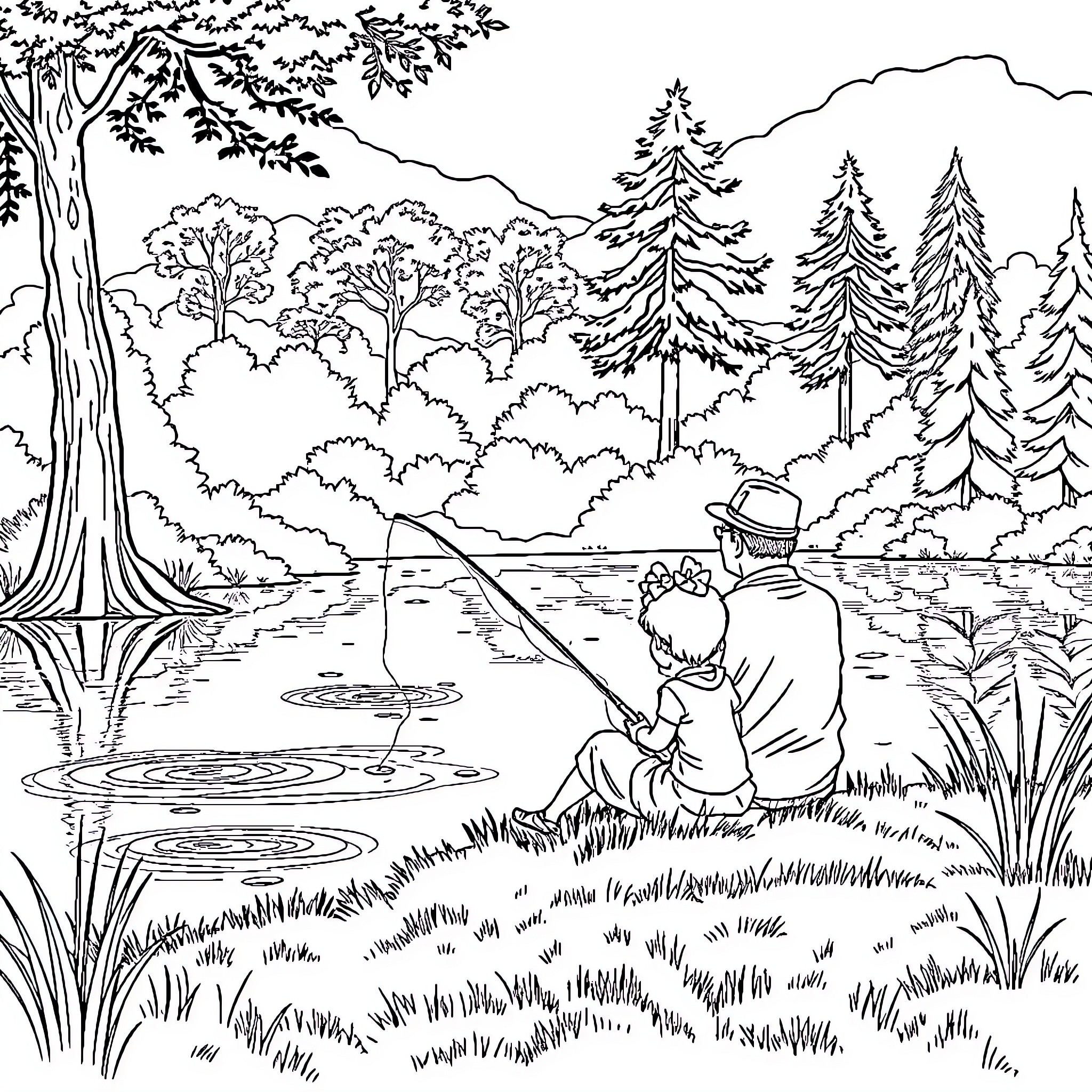 Man fishing peacefully in the serene forest landscape Coloring Page (free black-and-white line drawing printable PDF for all, from beginners to advanced learners, including children, teens, adults, and seniors)