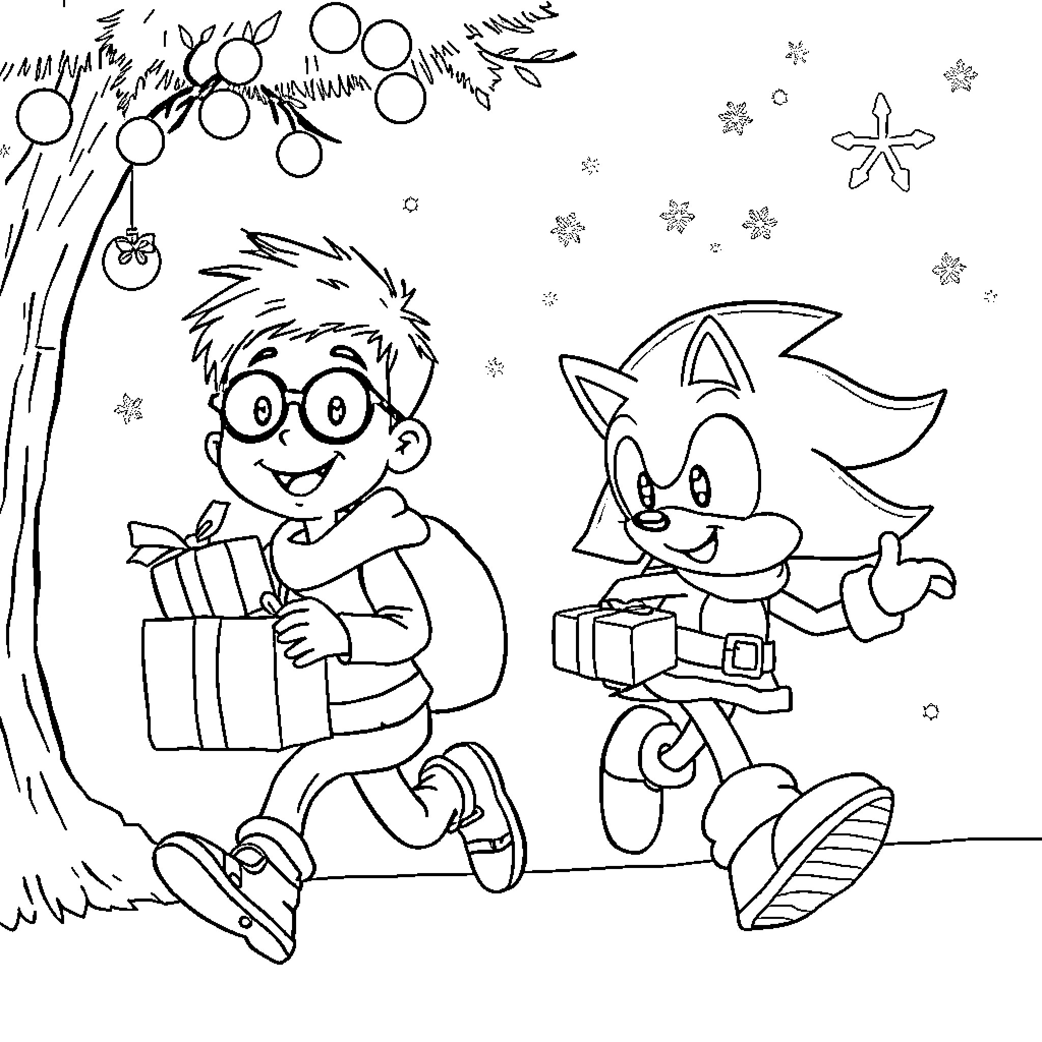 Boy and his friend gather gifts under holiday lights Coloring Page (free black-and-white line drawing printable PDF for all, from beginners to advanced learners, including children, teens, adults, and seniors)