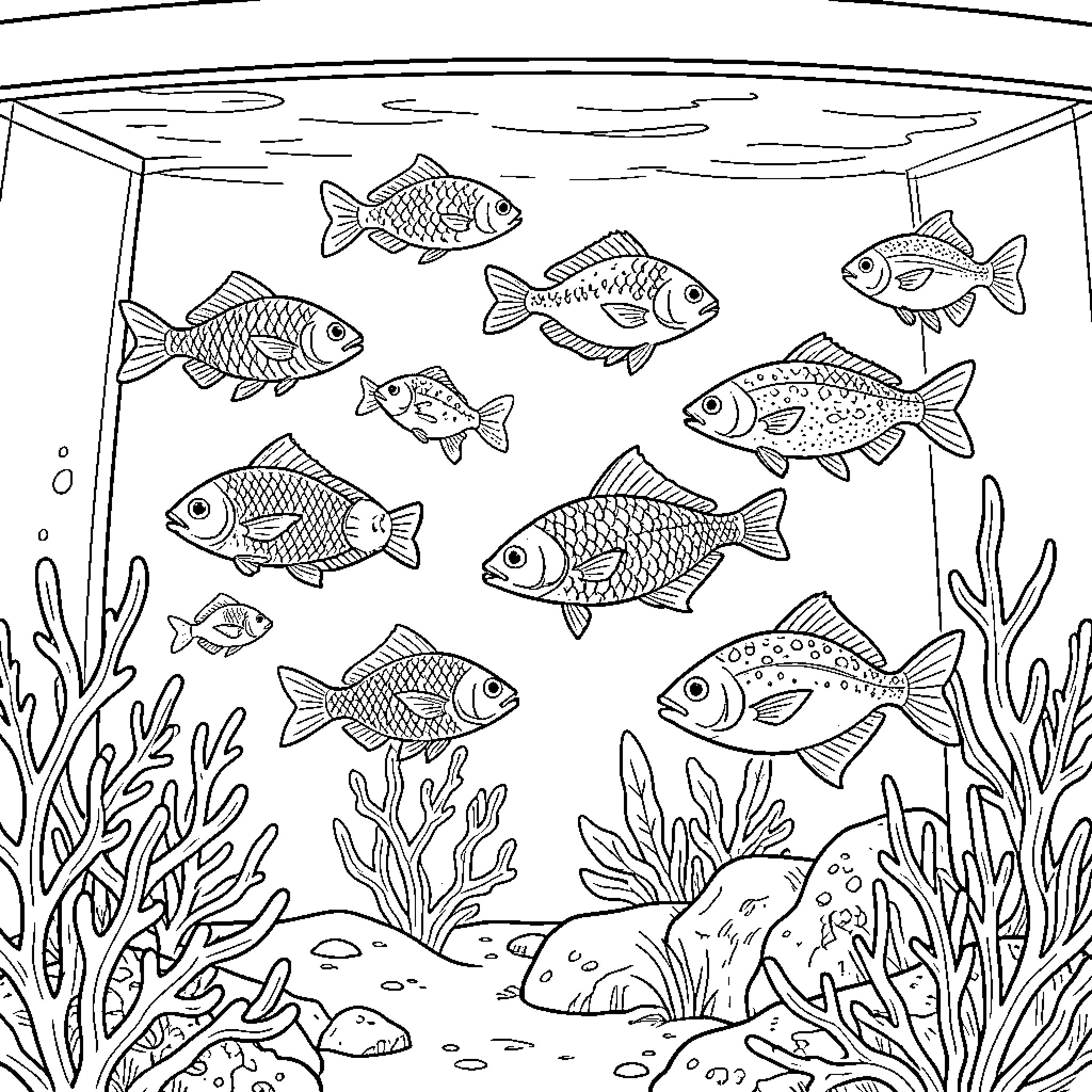 Aquarium scene with many fish swimming among coral Coloring Page (free black-and-white line drawing printable PDF for all, from beginners to advanced learners, including children, teens, adults, and seniors)