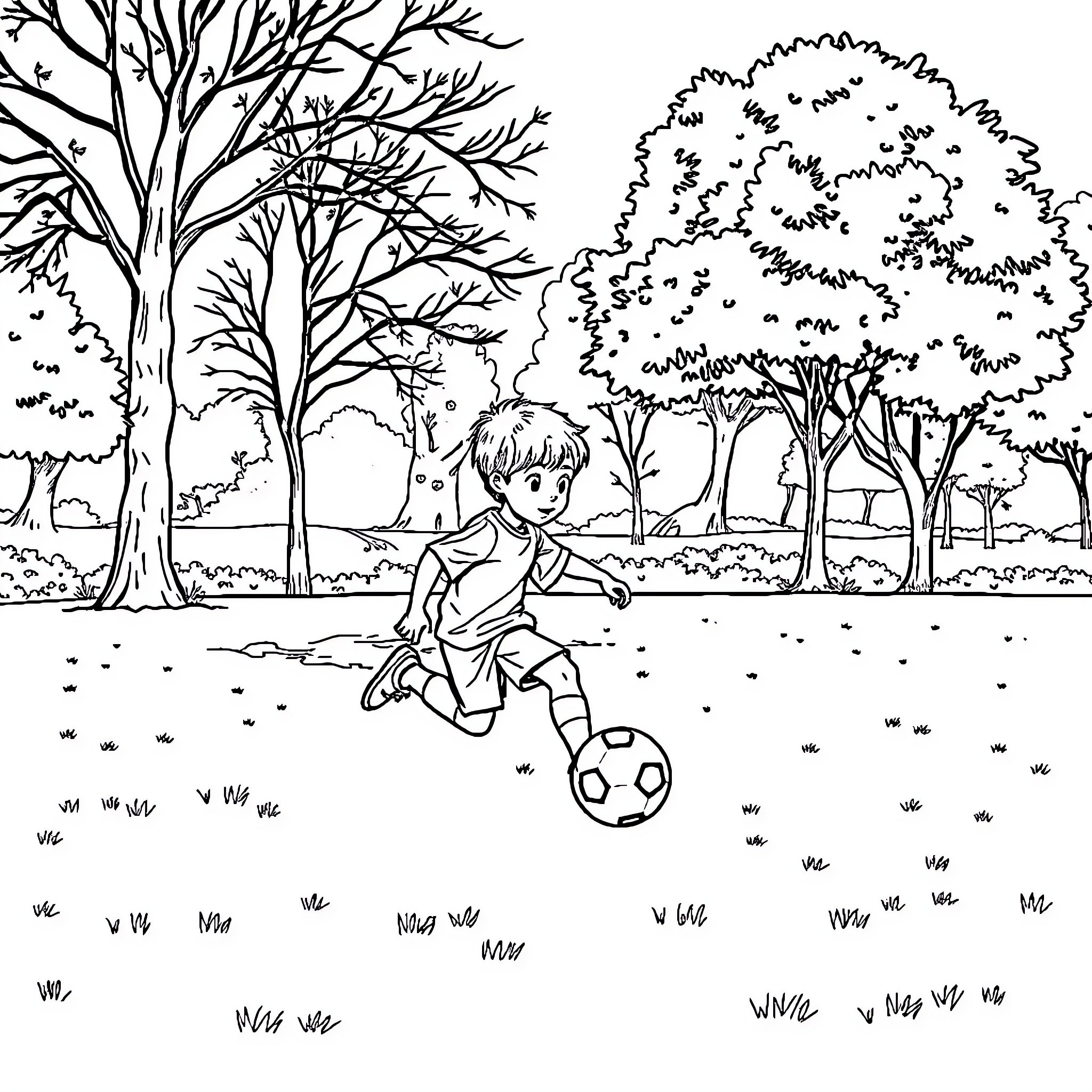 Zizi playing joyfully with soccer ball in park Coloring Page (free black-and-white line drawing printable PDF for all, from beginners to advanced learners, including children, teens, adults, and seniors)