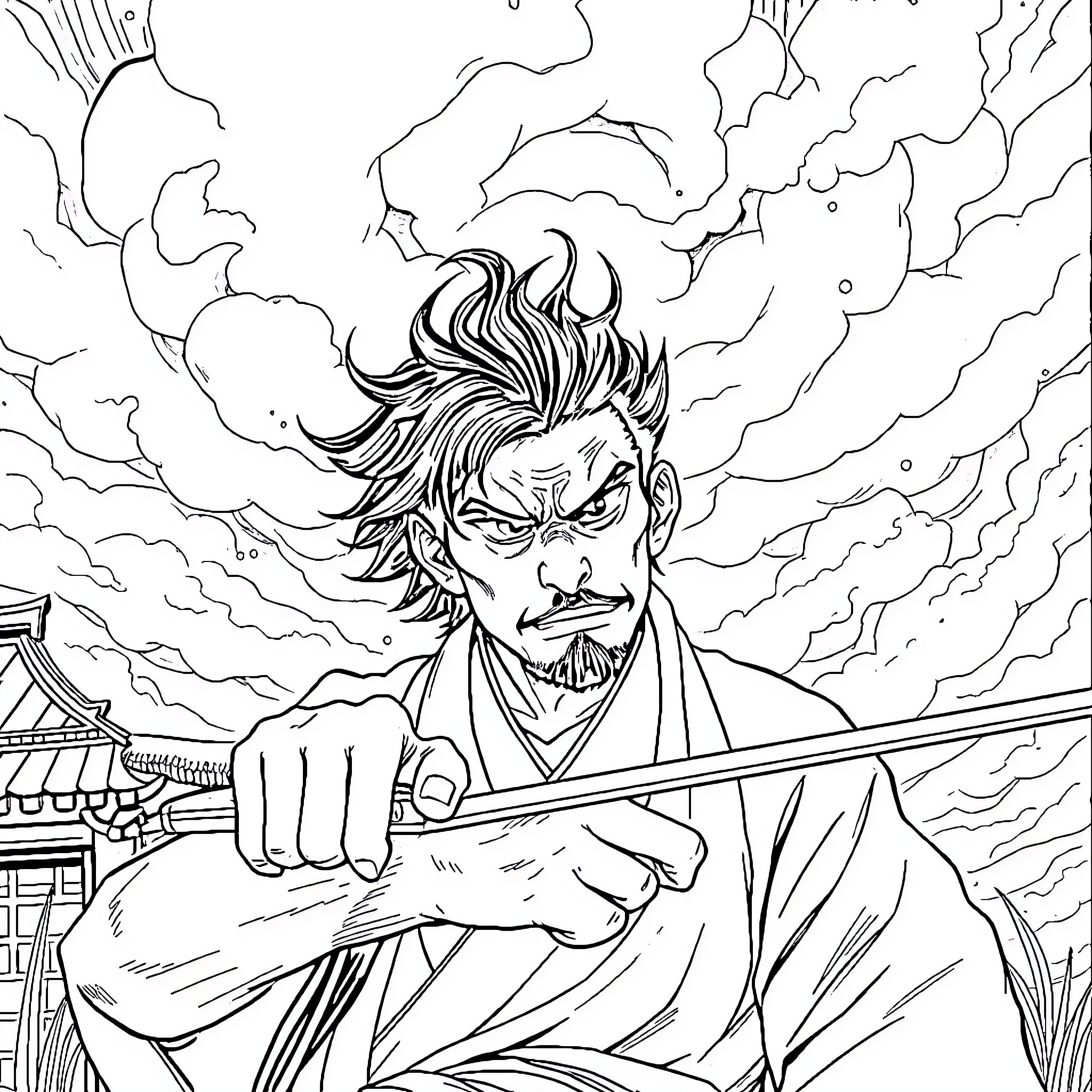 Tanjiro's Fierce Resolve in a Stormy Setting Coloring Page (free black-and-white line drawing printable PDF for all, from beginners to advanced learners, including children, teens, adults, and seniors)