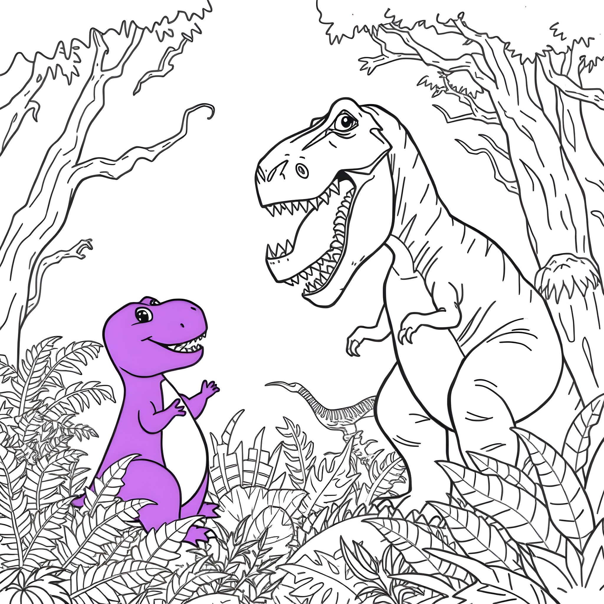 Barney's Prehistoric Adventure in the Jungle Coloring Page (free black-and-white line drawing printable PDF for all, from beginners to advanced learners, including children, teens, adults, and seniors)