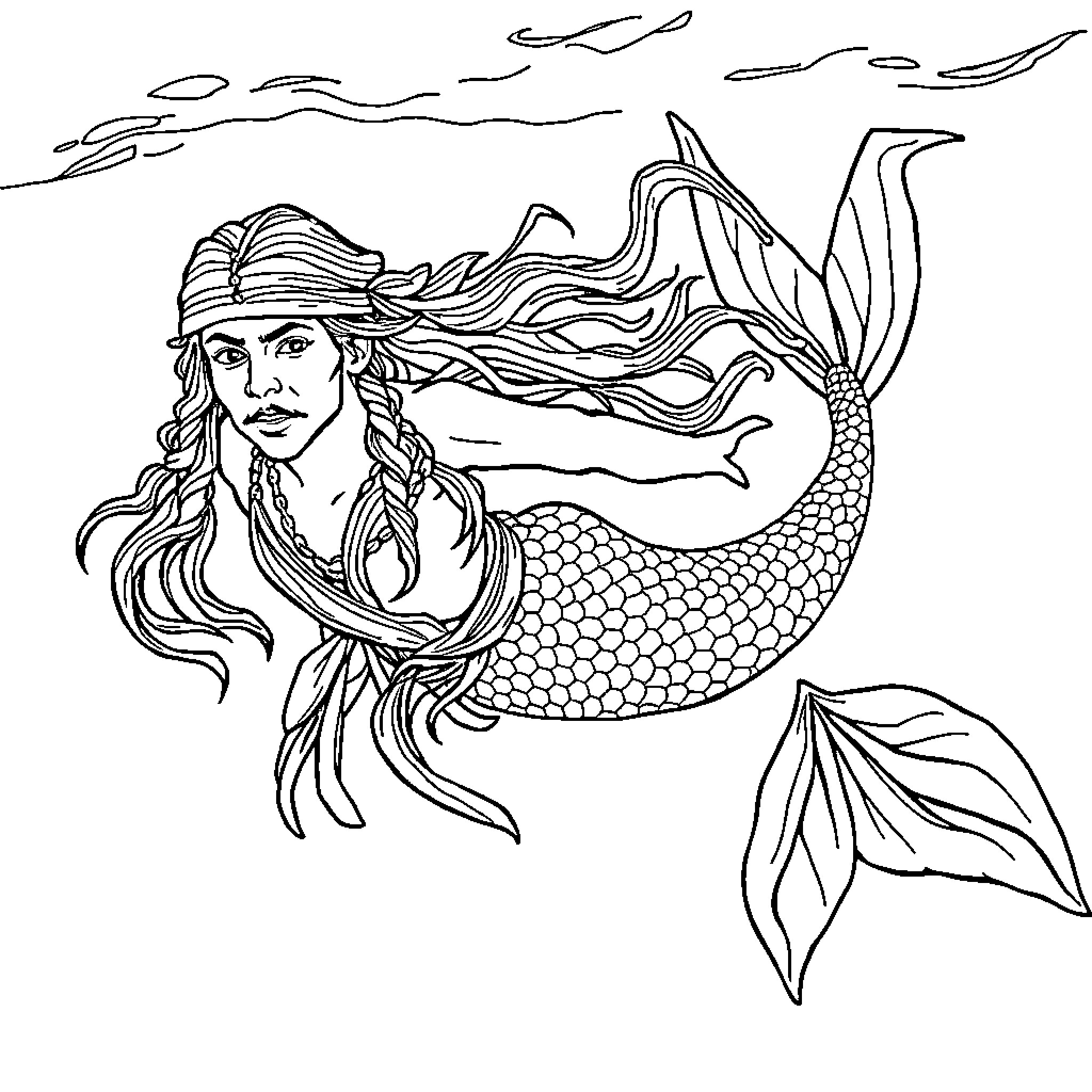 Jack Sparrow as a mermaid in the deep sea Coloring Page (free black-and-white line drawing printable PDF for all, from beginners to advanced learners, including children, teens, adults, and seniors)