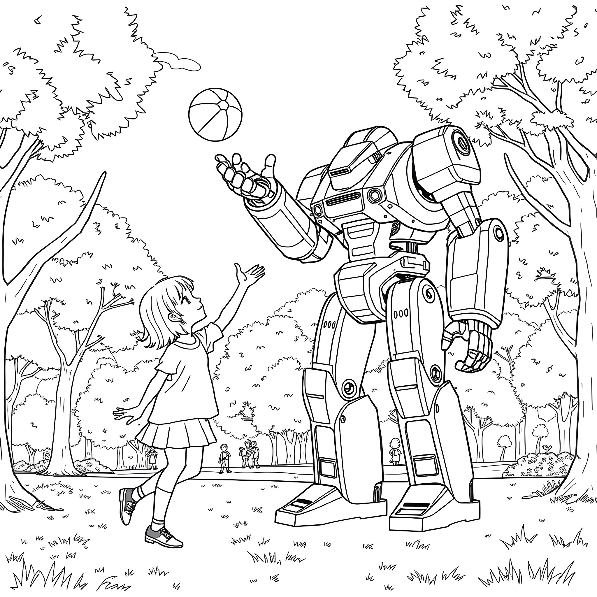 BT Girl playing with a giant robot in the park Coloring Page (free black-and-white line drawing printable PDF for all, from beginners to advanced learners, including children, teens, adults, and seniors)