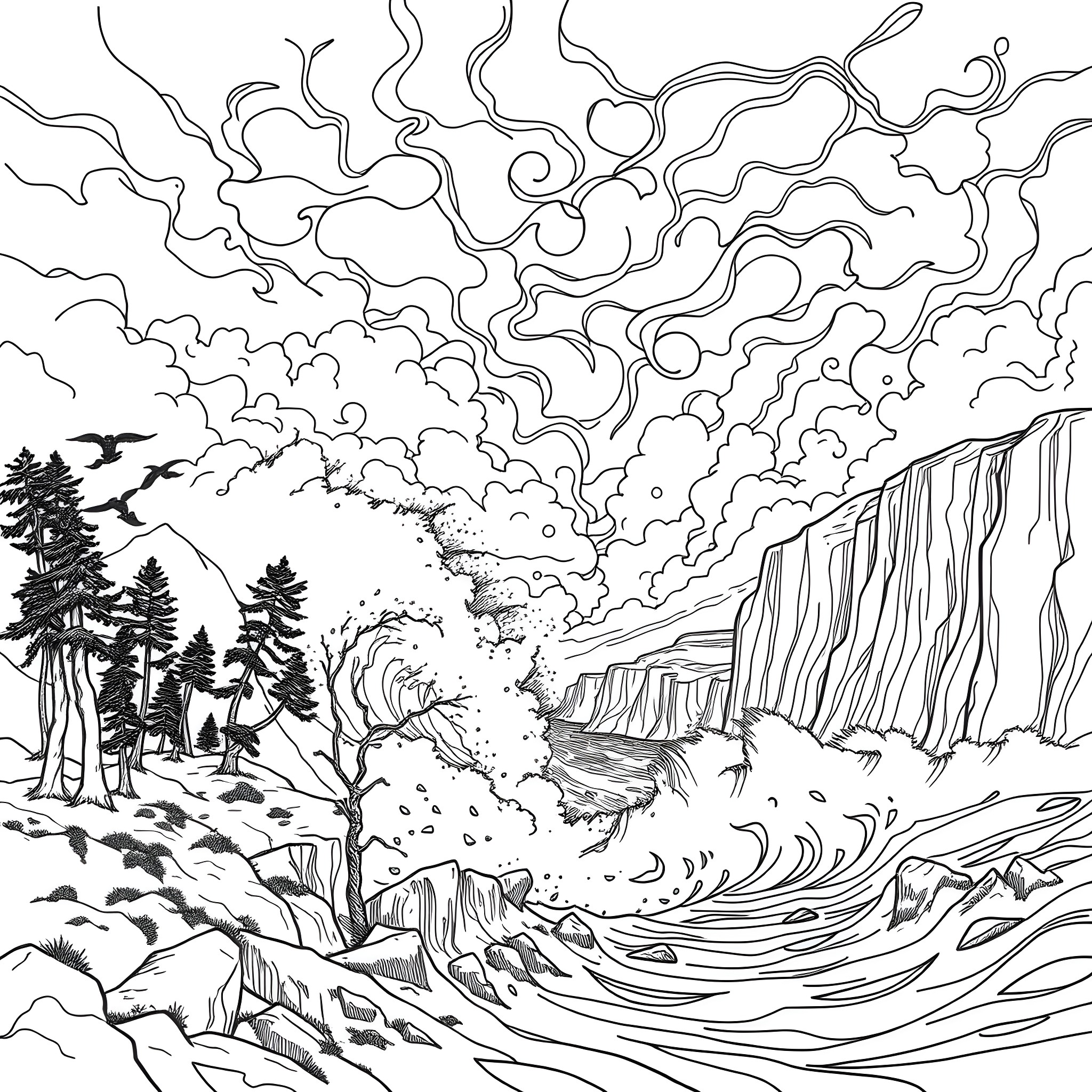 Nature's Majestic Landscape: Clouds, Cliffs, and Currents Coloring Page (free black-and-white line drawing printable PDF for all, from beginners to advanced learners, including children, teens, adults, and seniors)