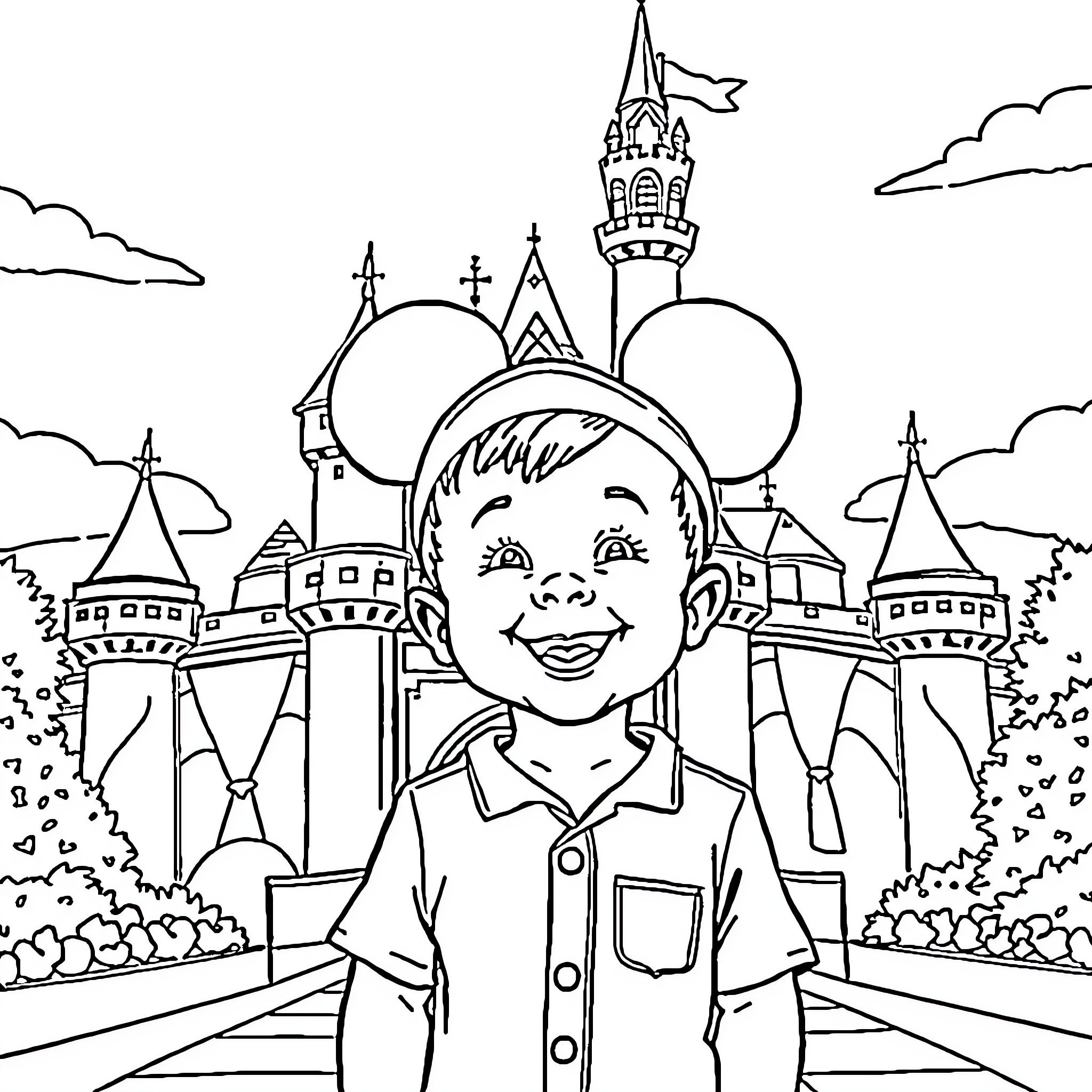 Baby Boy's Magical Adventure at the Castle Coloring Page (free black-and-white line drawing printable PDF for all, from beginners to advanced learners, including children, teens, adults, and seniors)
