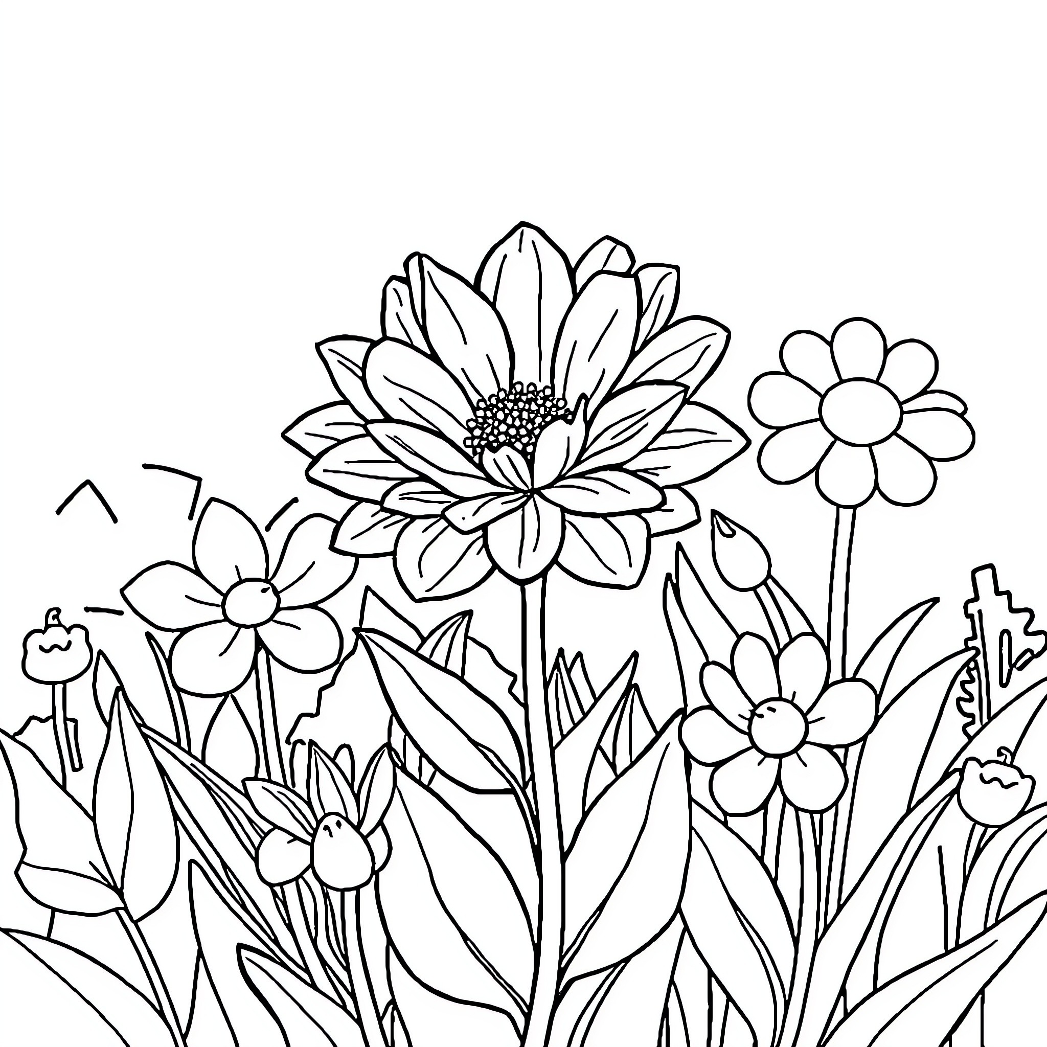 Flower garden with vibrant blooms Coloring Page (free black-and-white line drawing printable PDF for all, from beginners to advanced learners, including children, teens, adults, and seniors)