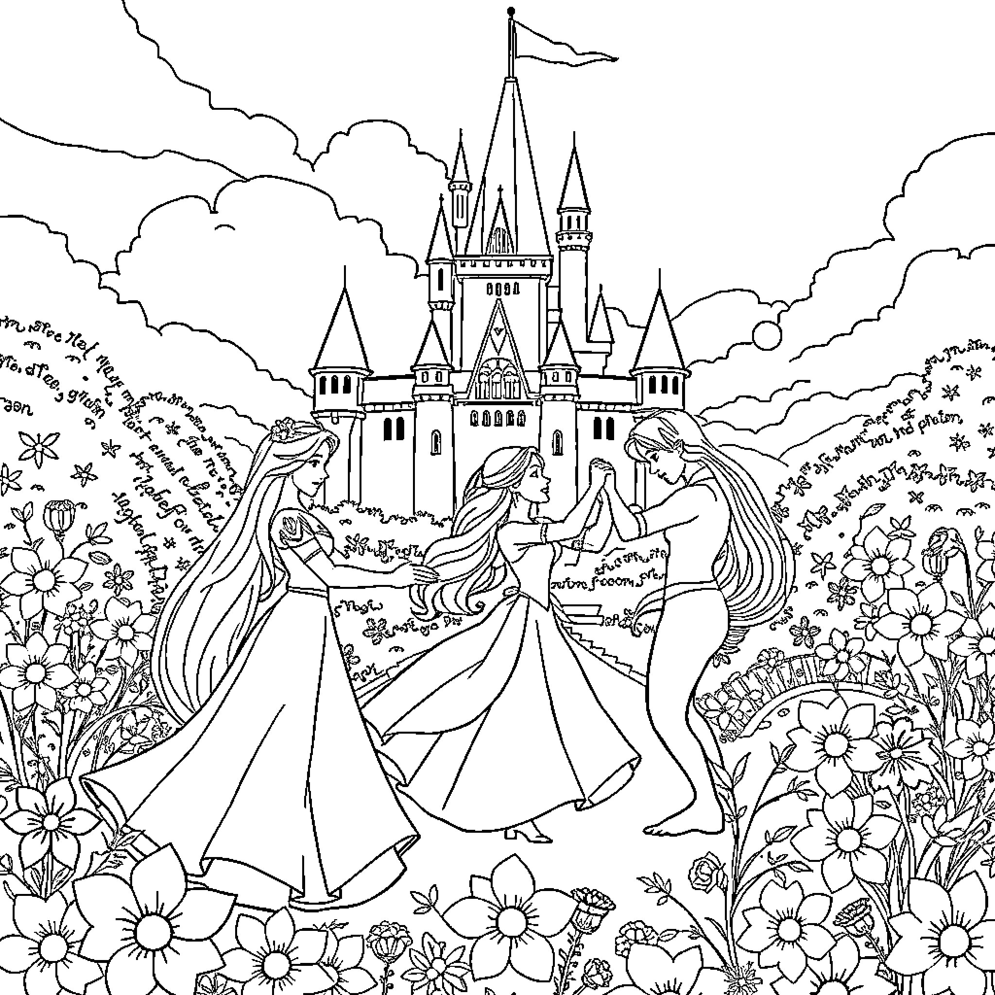 Princess Dancing Gracefully in Enchanting Castle Garden Coloring Page (free black-and-white line drawing printable PDF for all, from beginners to advanced learners, including children, teens, adults, and seniors)