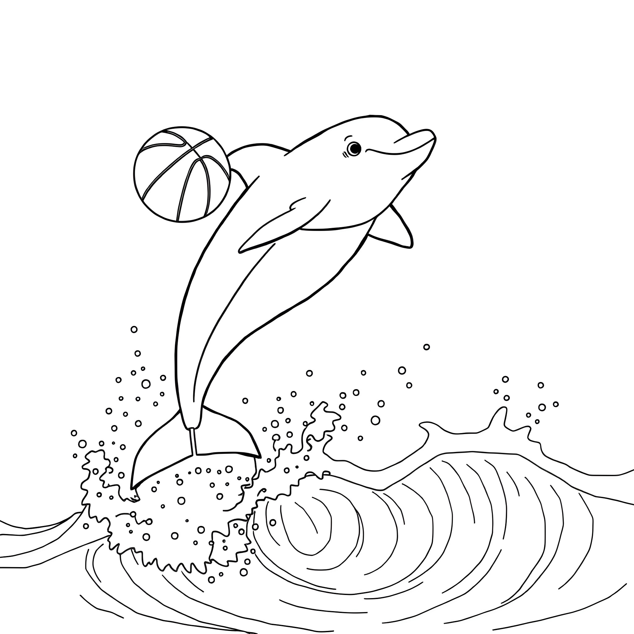 Dolphin playing with basketball in the ocean Coloring Page (free black-and-white line drawing printable PDF for all, from beginners to advanced learners, including children, teens, adults, and seniors)