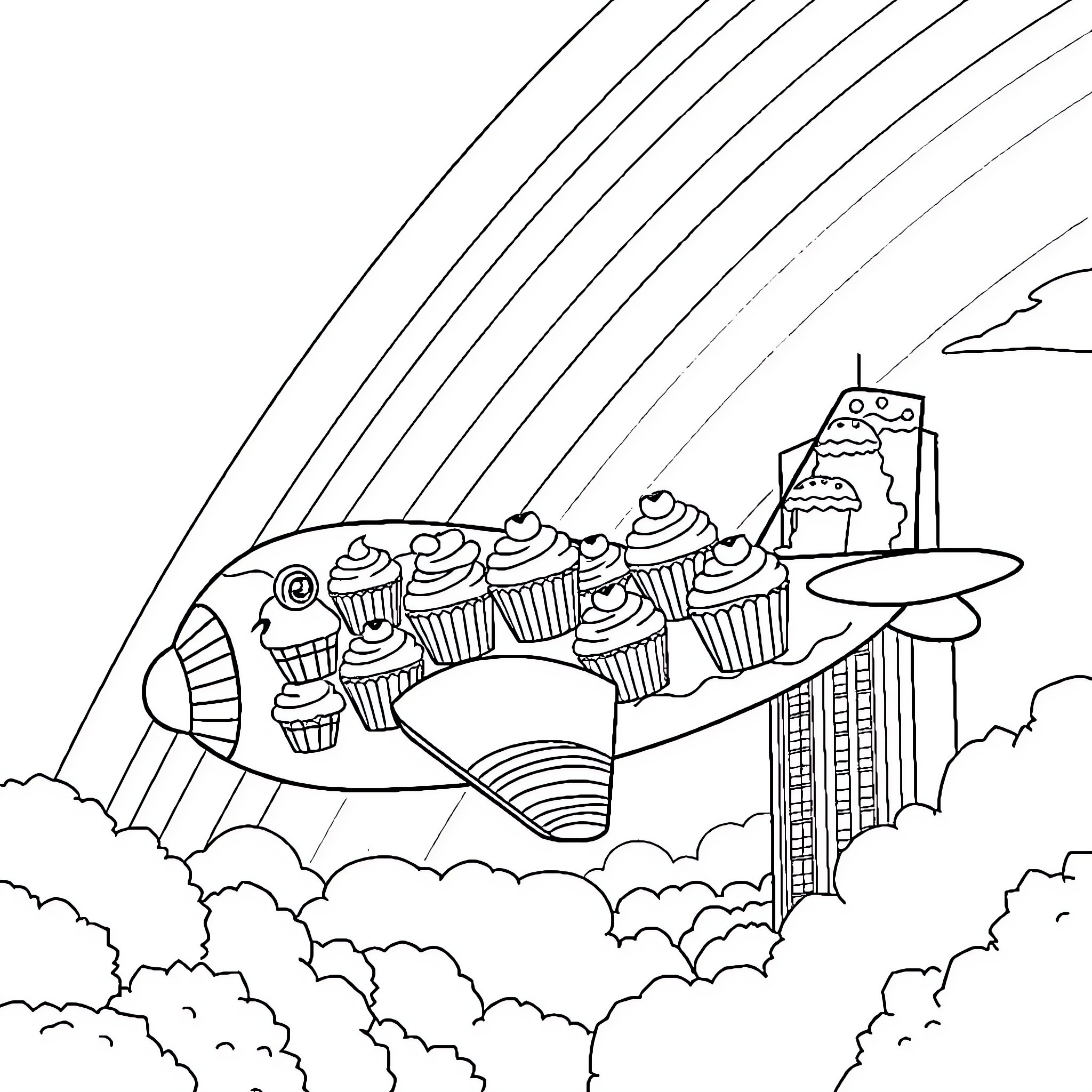 Airplane full of delicious cupcakes soaring through the sky Coloring Page (free black-and-white line drawing printable PDF for all, from beginners to advanced learners, including children, teens, adults, and seniors)