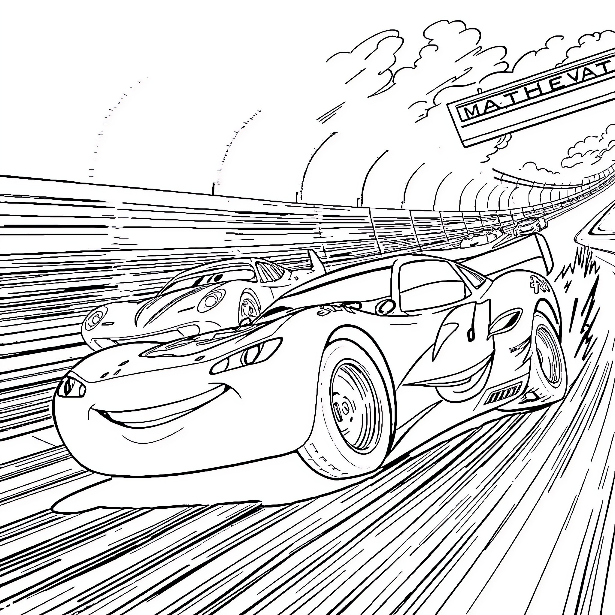 Lightning McQueen racing through the speedway Coloring Page (free black-and-white line drawing printable PDF for all, from beginners to advanced learners, including children, teens, adults, and seniors)