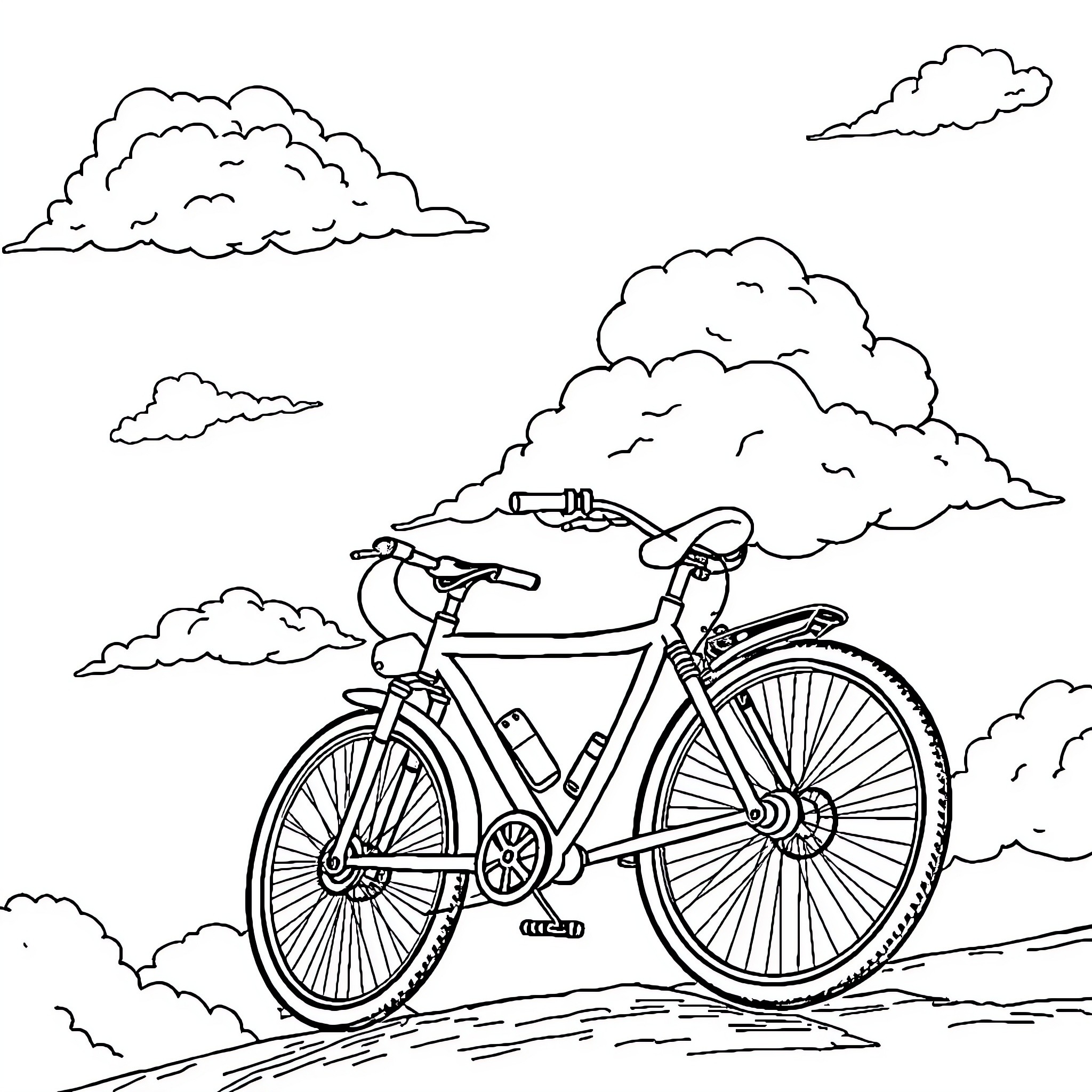 Bicycle riding through cloudy skies Coloring Page (free black-and-white line drawing printable PDF for all, from beginners to advanced learners, including children, teens, adults, and seniors)