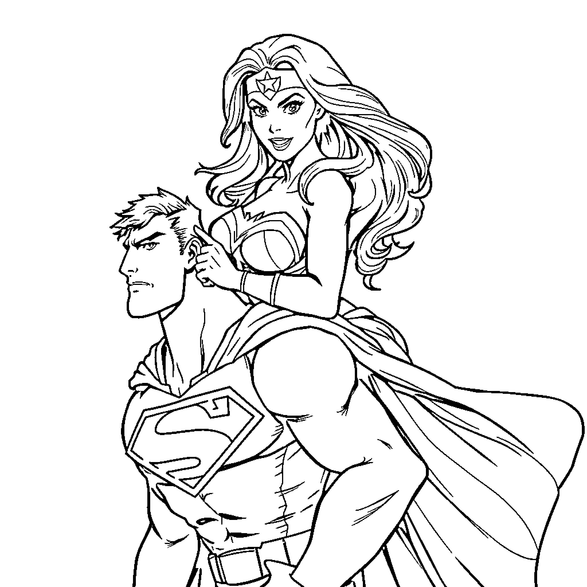 Wonder Woman heroically embracing Superman in battle Coloring Page (free black-and-white line drawing printable PDF for all, from beginners to advanced learners, including children, teens, adults, and seniors)