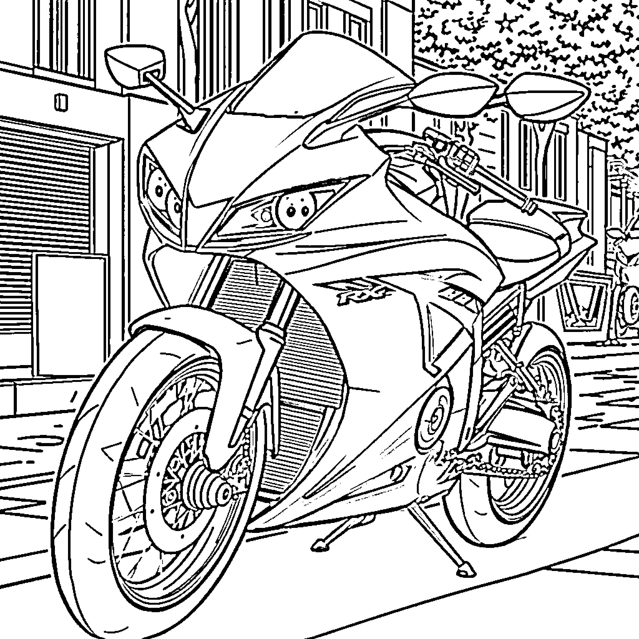 Yamaha YZF-R6 parked on the street Coloring Page (free black-and-white line drawing printable PDF for all, from beginners to advanced learners, including children, teens, adults, and seniors)