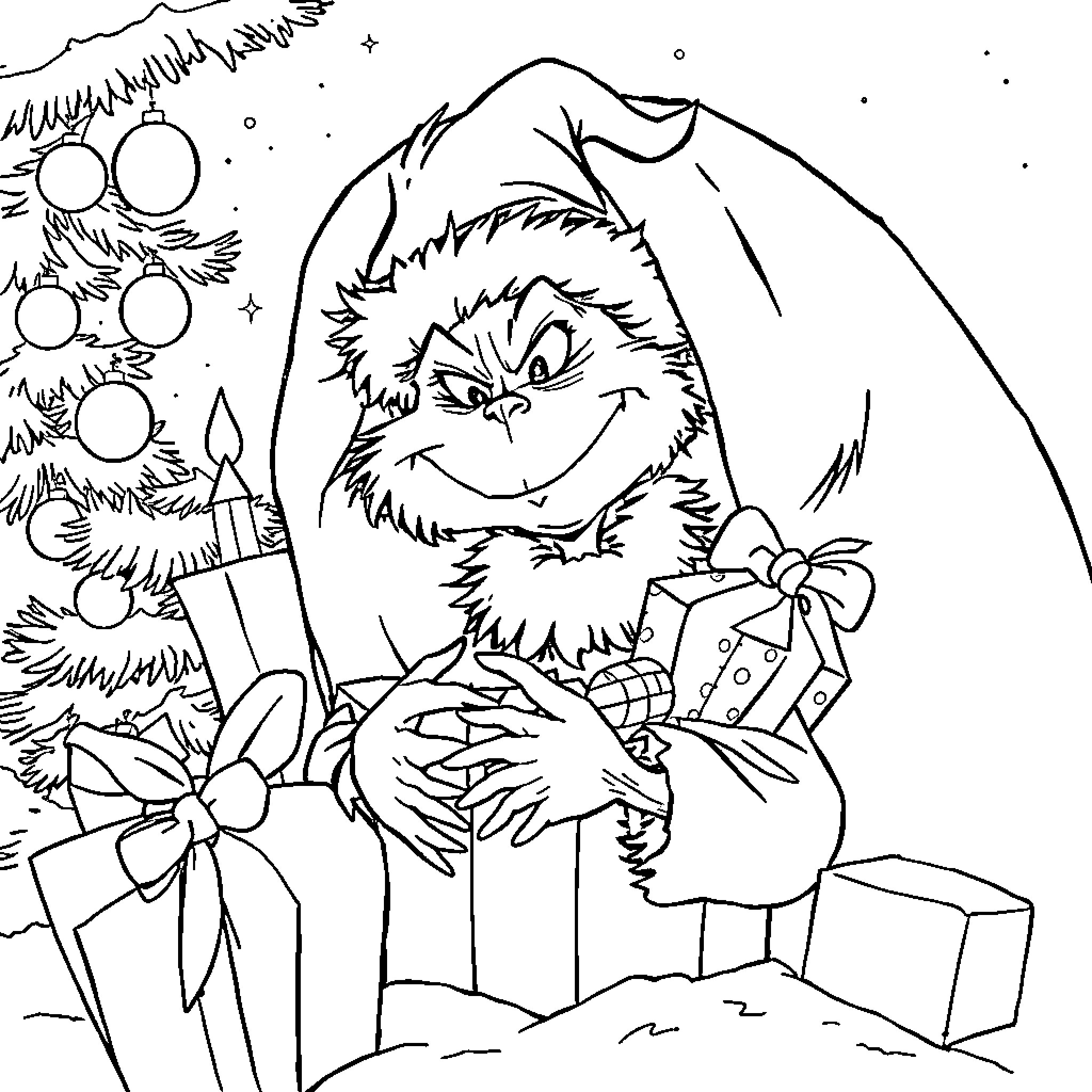 Grinch's Mischievous Christmas Celebration Coloring Page (free black-and-white line drawing printable PDF for all, from beginners to advanced learners, including children, teens, adults, and seniors)