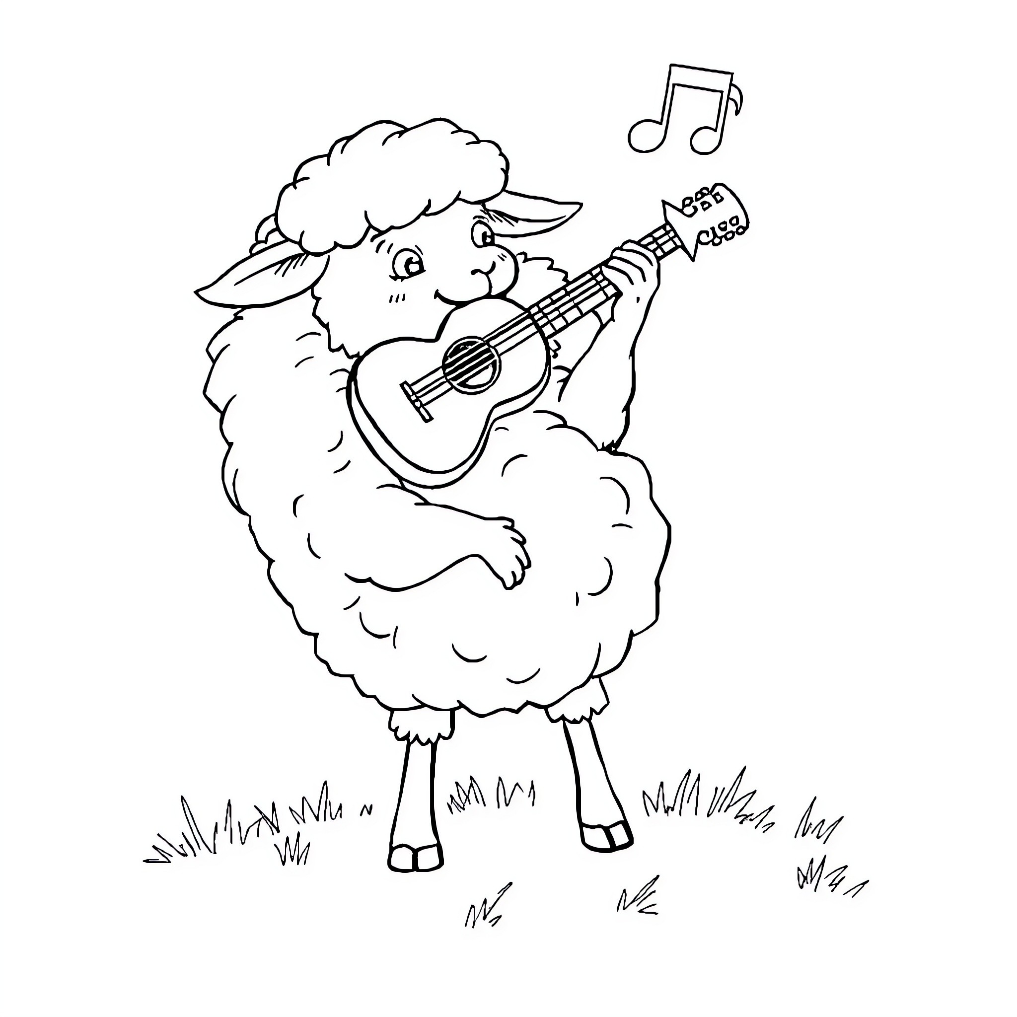 Sheep playing guitar and singing joyfully Coloring Page (free black-and-white line drawing printable PDF for all, from beginners to advanced learners, including children, teens, adults, and seniors)