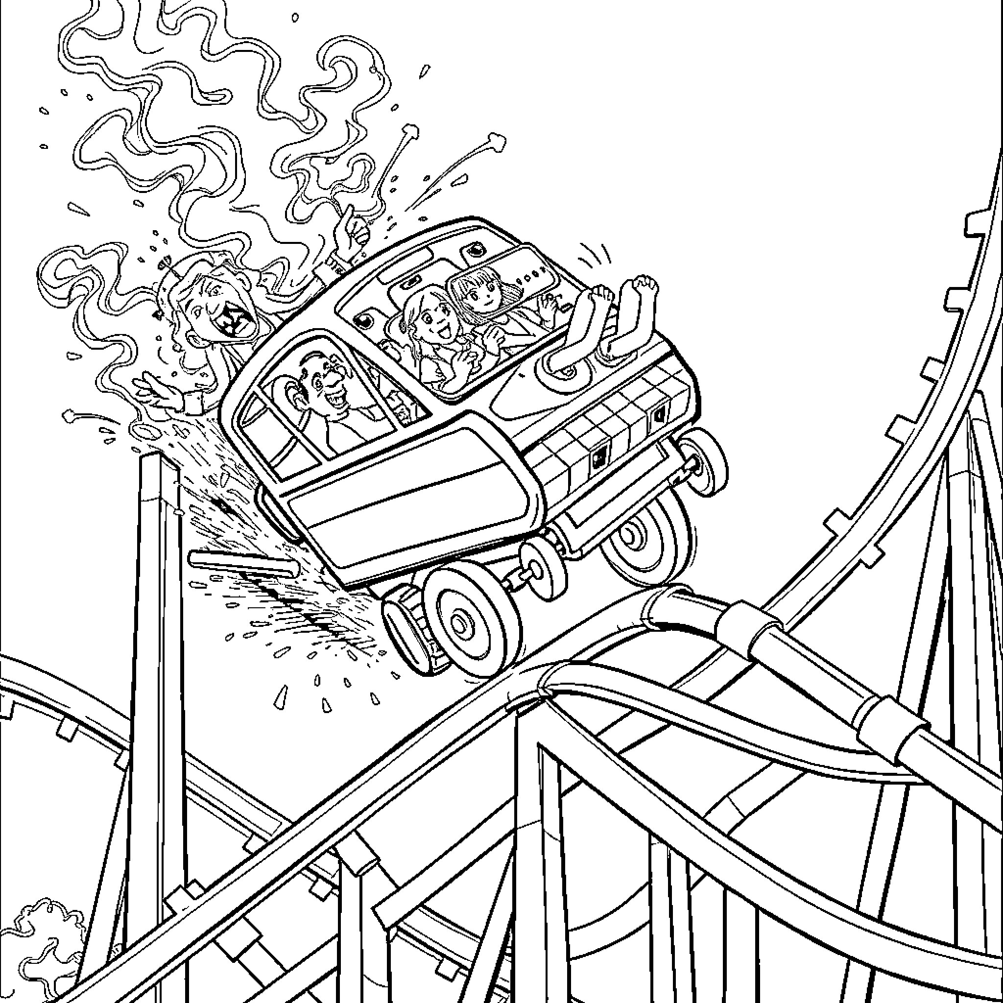 Rollercoaster ride with passengers experiencing thrill and excitement Coloring Page (free black-and-white line drawing printable PDF for all, from beginners to advanced learners, including children, teens, adults, and seniors)