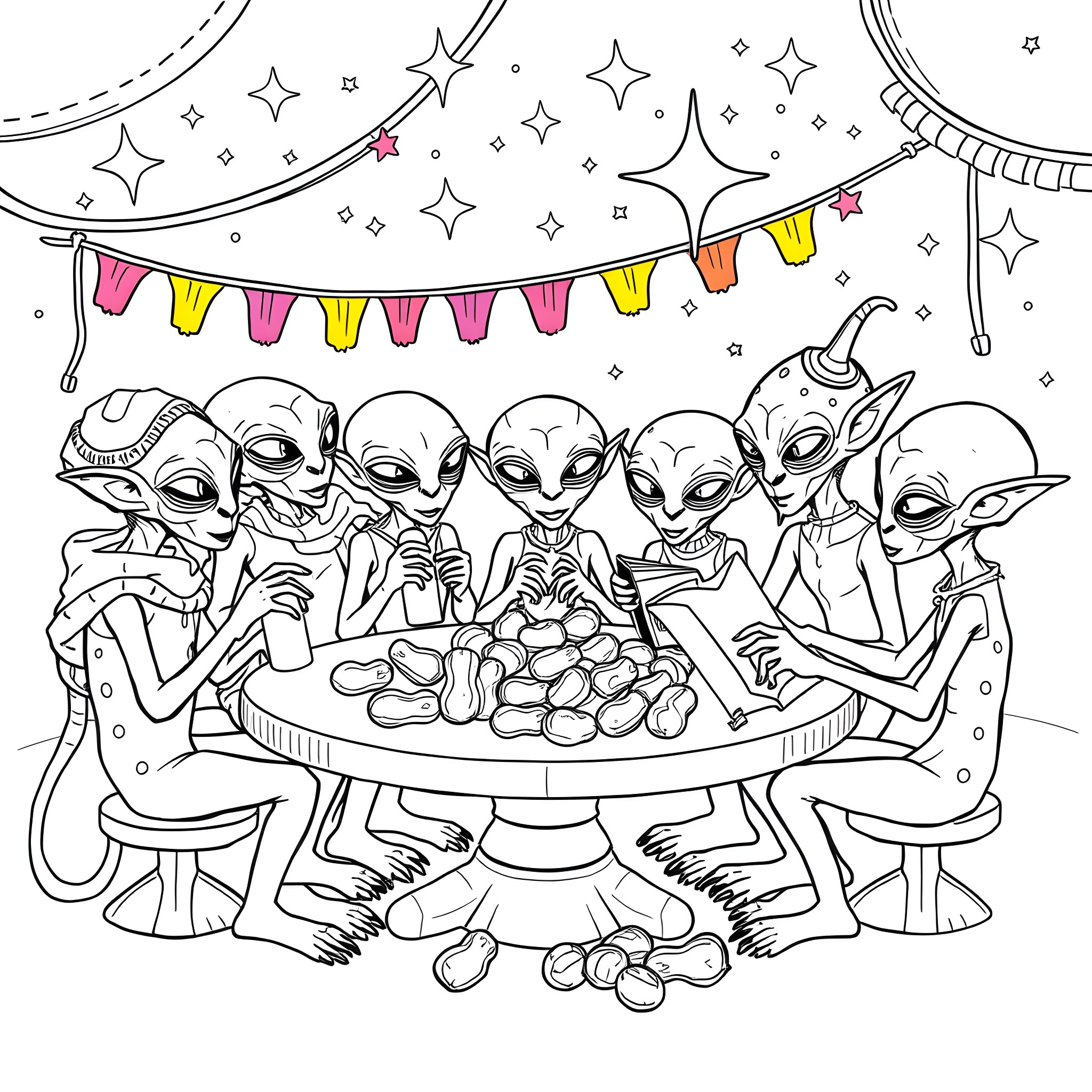 Alien Creatures Celebrating with Festive Decorations Coloring Page (free black-and-white line drawing printable PDF for all, from beginners to advanced learners, including children, teens, adults, and seniors)