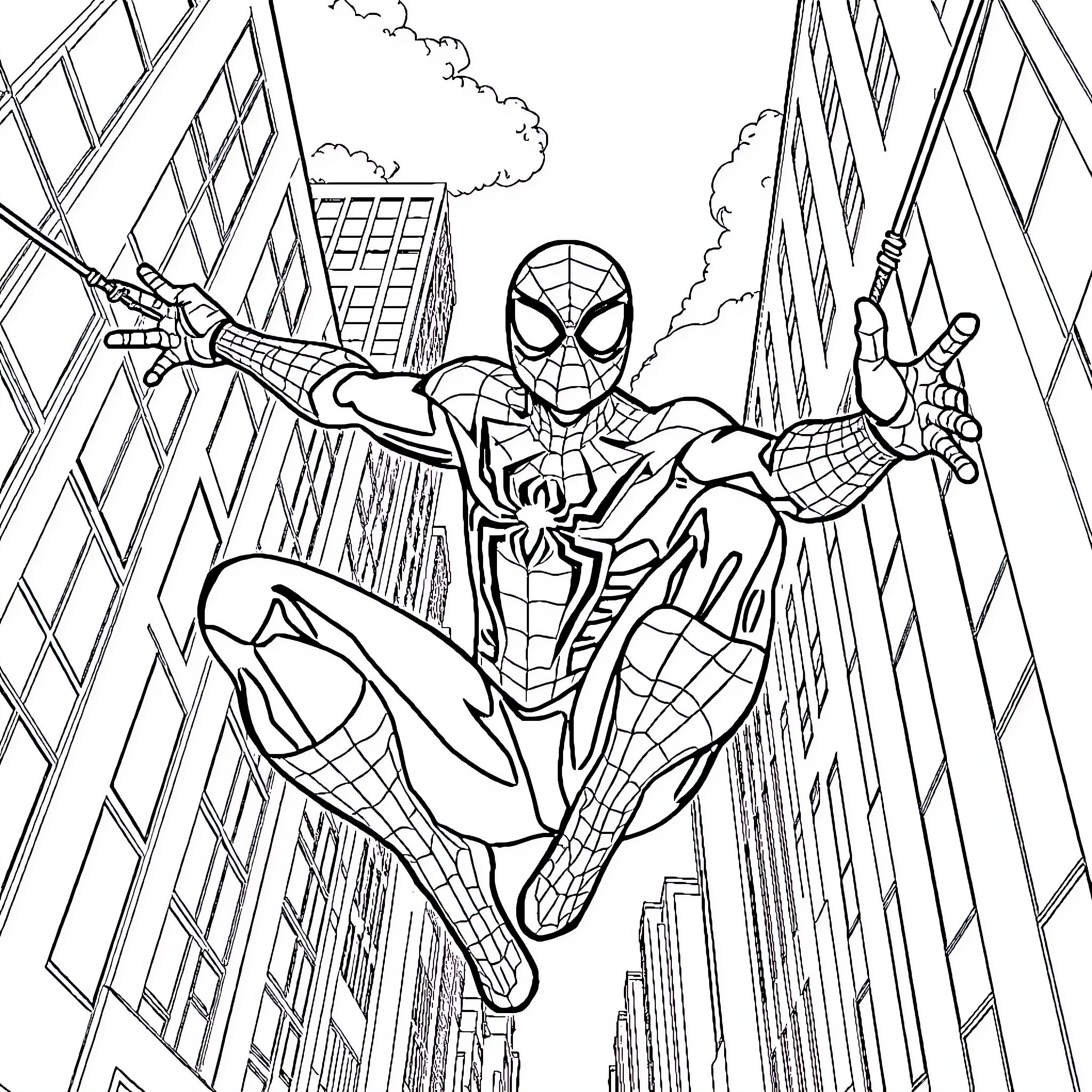 Spiderman swinging through the city skyline Coloring Page (free black-and-white line drawing printable PDF for all, from beginners to advanced learners, including children, teens, adults, and seniors)