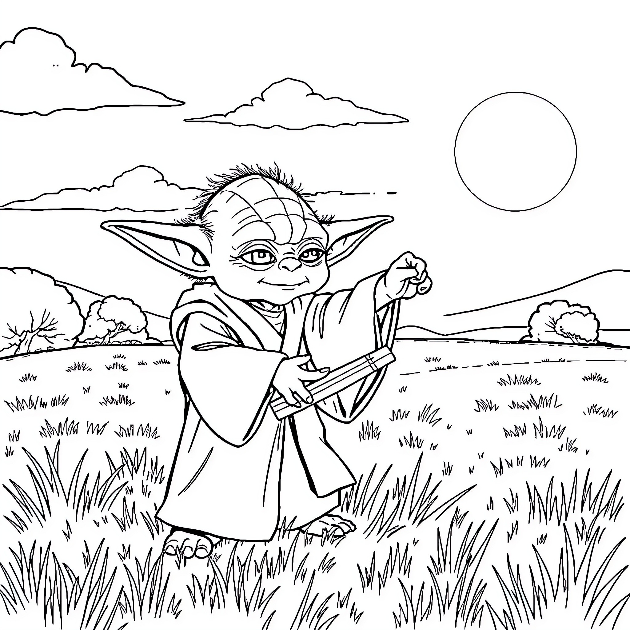 Yoda exploring the tranquil landscape Coloring Page (free black-and-white line drawing printable PDF for all, from beginners to advanced learners, including children, teens, adults, and seniors)