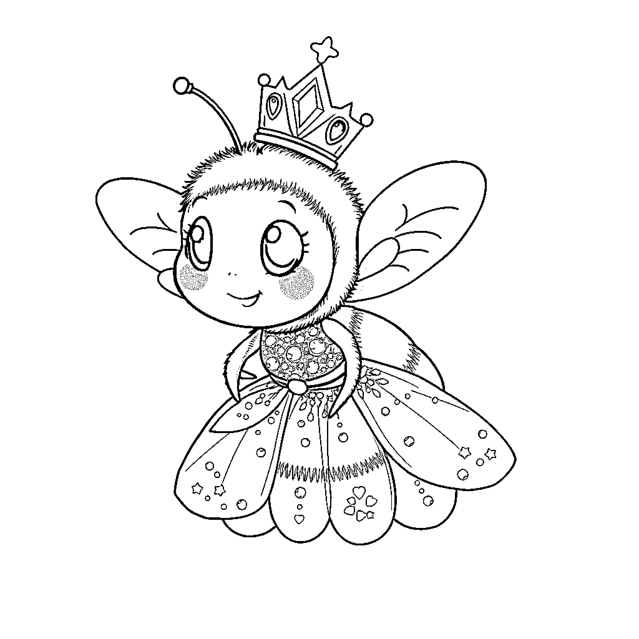 Bumblebee wearing a crown and fancy outfit Coloring Page (free black-and-white line drawing printable PDF for all, from beginners to advanced learners, including children, teens, adults, and seniors)