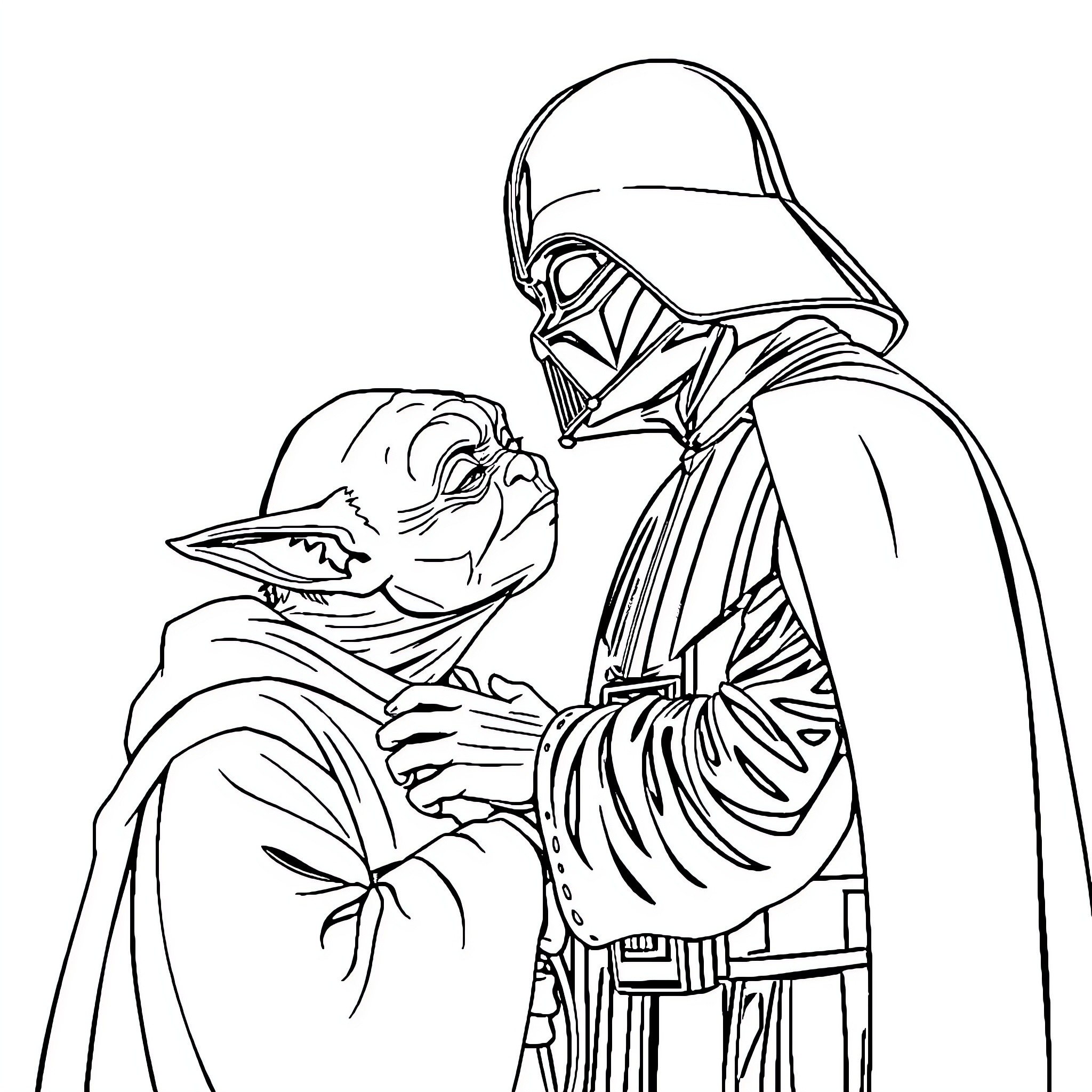 Darth Vader and young child character interaction Coloring Page (free black-and-white line drawing printable PDF for all, from beginners to advanced learners, including children, teens, adults, and seniors)