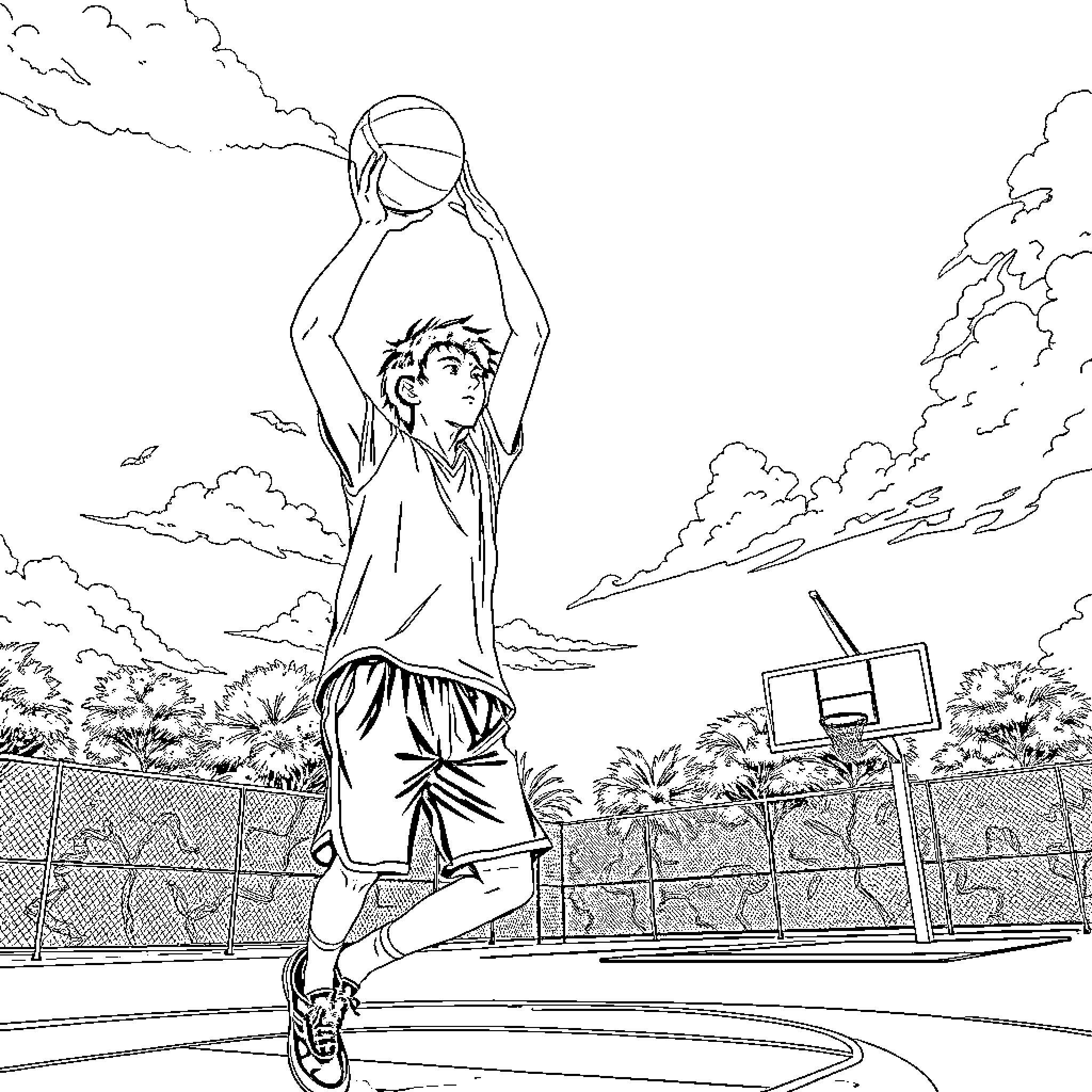 Jimbo shooting hoops on the outdoor basketball court Coloring Page (free black-and-white line drawing printable PDF for all, from beginners to advanced learners, including children, teens, adults, and seniors)