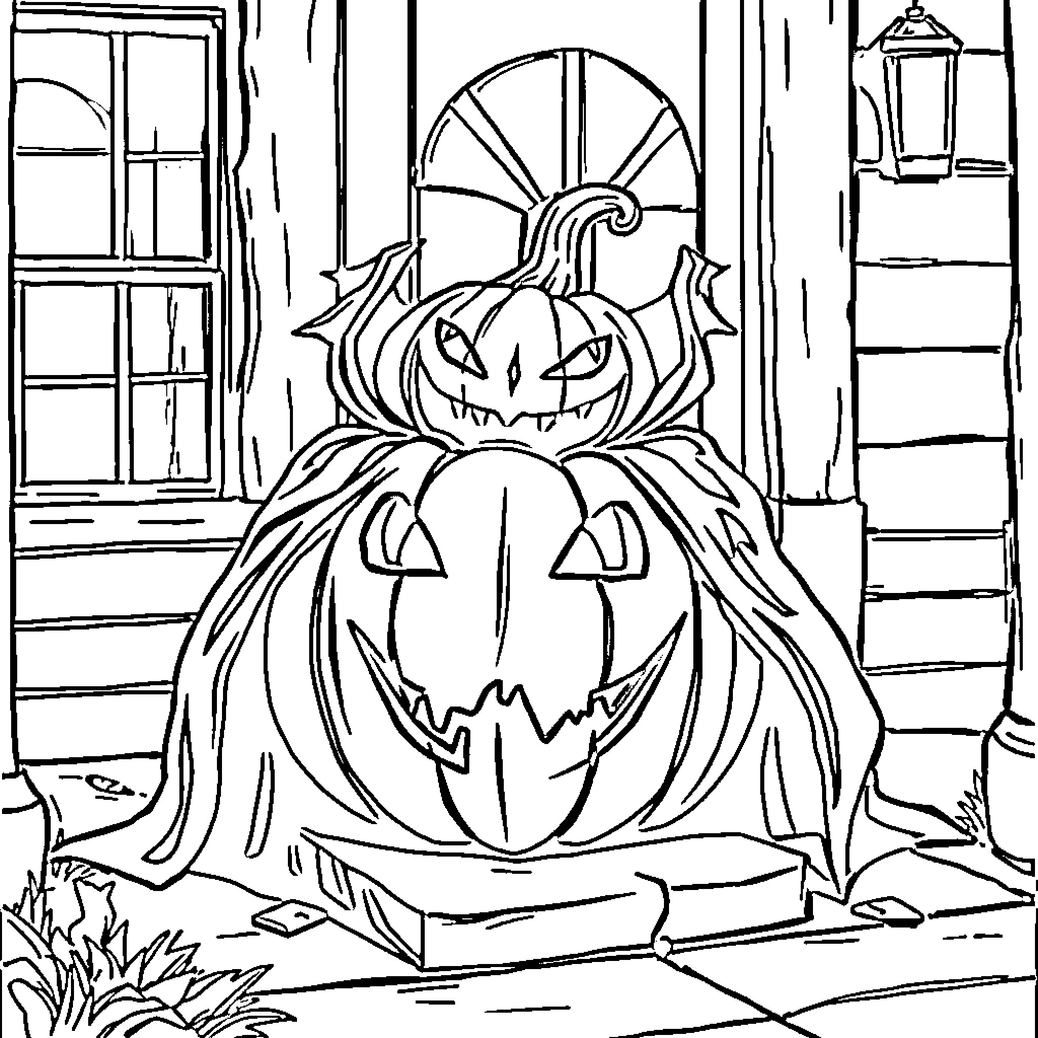 Vampire Pumpkin in a Spooky Night Scene Coloring Page (free black-and-white line drawing printable PDF for all, from beginners to advanced learners, including children, teens, adults, and seniors)
