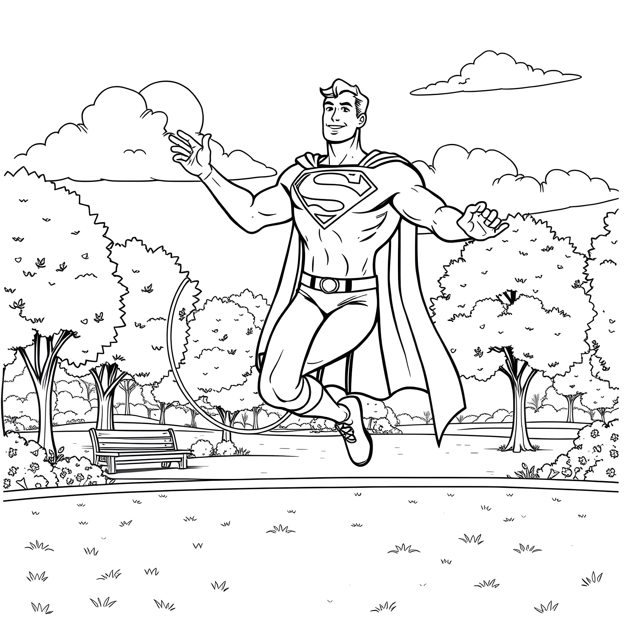 Superman soaring through the skies over a park Coloring Page (free black-and-white line drawing printable PDF for all, from beginners to advanced learners, including children, teens, adults, and seniors)