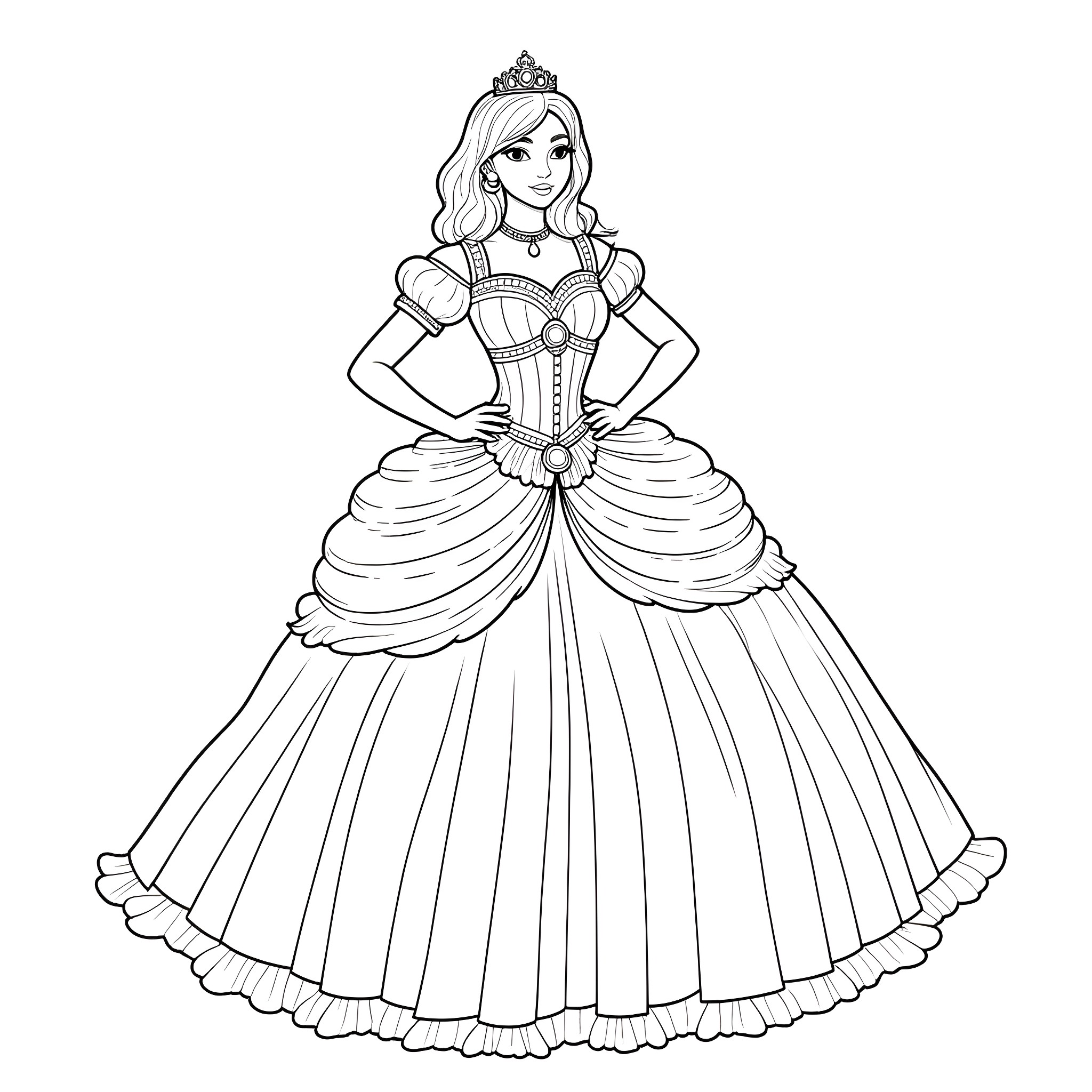 Master Chief in a Majestic Princess Dress Coloring Page (free black-and-white line drawing printable PDF for all, from beginners to advanced learners, including children, teens, adults, and seniors)