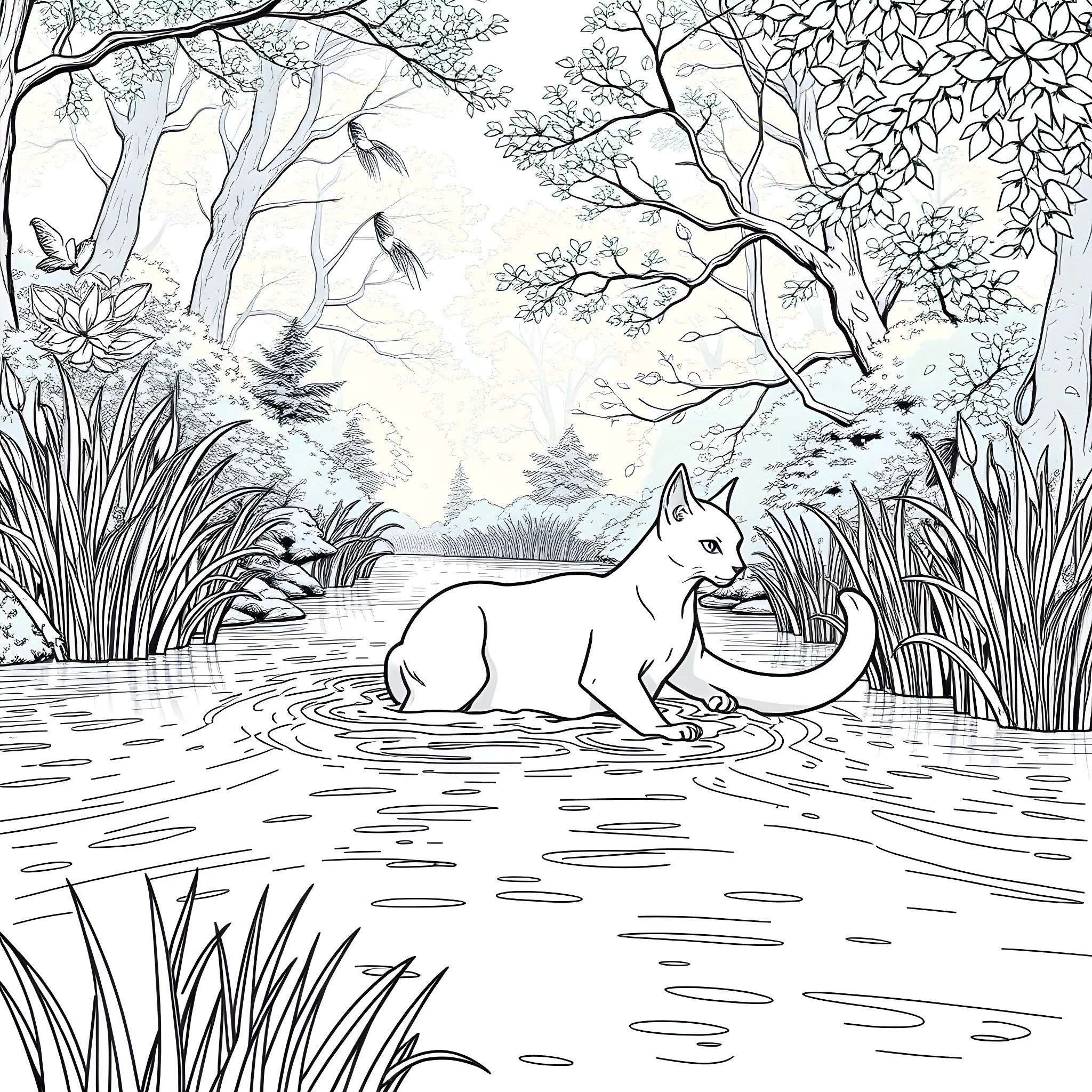 Silverstream: Cat in Enchanted Forest Pond Coloring Page (free black-and-white line drawing printable PDF for all, from beginners to advanced learners, including children, teens, adults, and seniors)