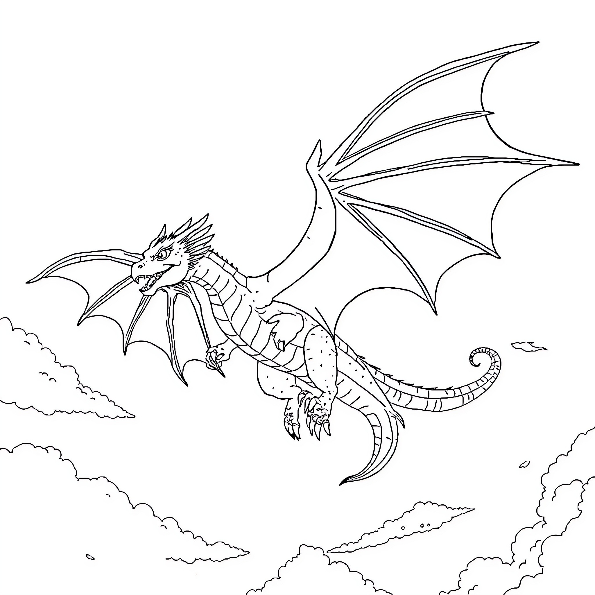 Dragon soaring through the clouds Coloring Page (free black-and-white line drawing printable PDF for all, from beginners to advanced learners, including children, teens, adults, and seniors)