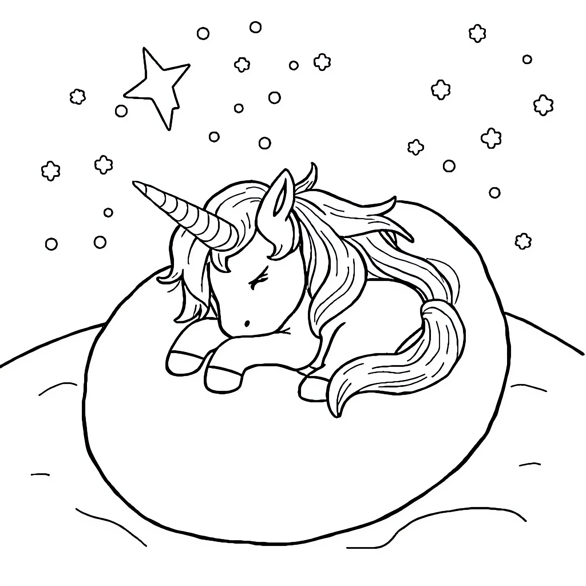 Unicorn resting under starry night sky Coloring Page (free black-and-white line drawing printable PDF for all, from beginners to advanced learners, including children, teens, adults, and seniors)