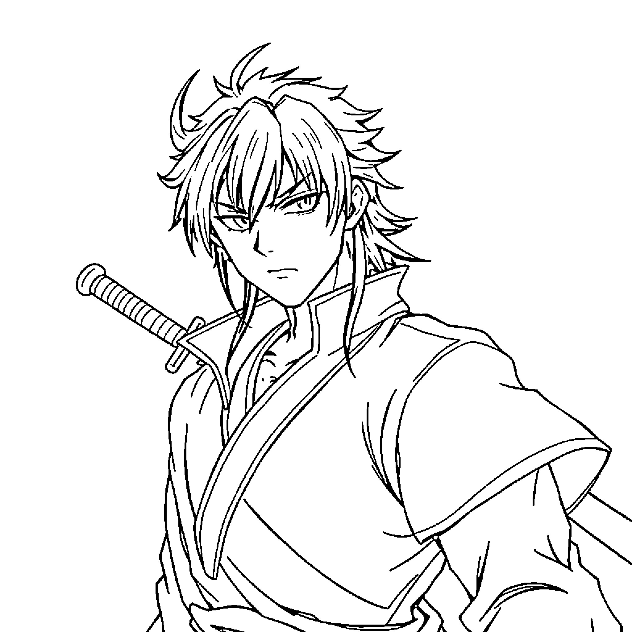 Tokito in Fierce Samurai Pose Coloring Page (free black-and-white line drawing printable PDF for all, from beginners to advanced learners, including children, teens, adults, and seniors)