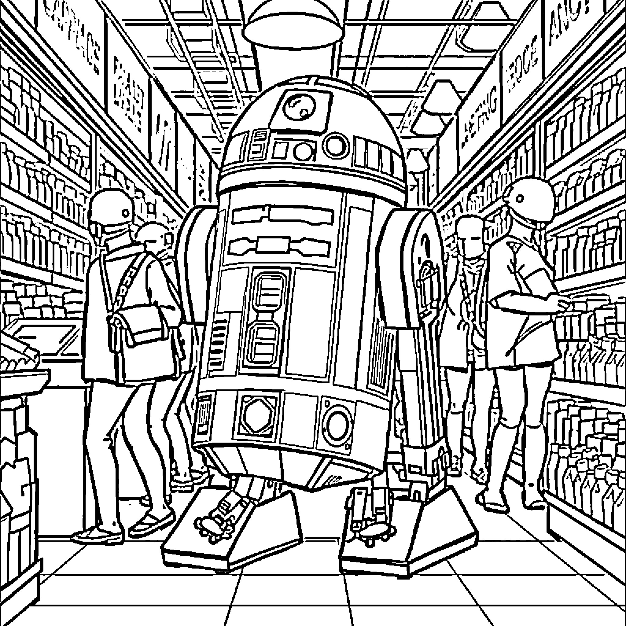 R2D2 and Droids Explore Futuristic Supermarket Coloring Page (free black-and-white line drawing printable PDF for all, from beginners to advanced learners, including children, teens, adults, and seniors)