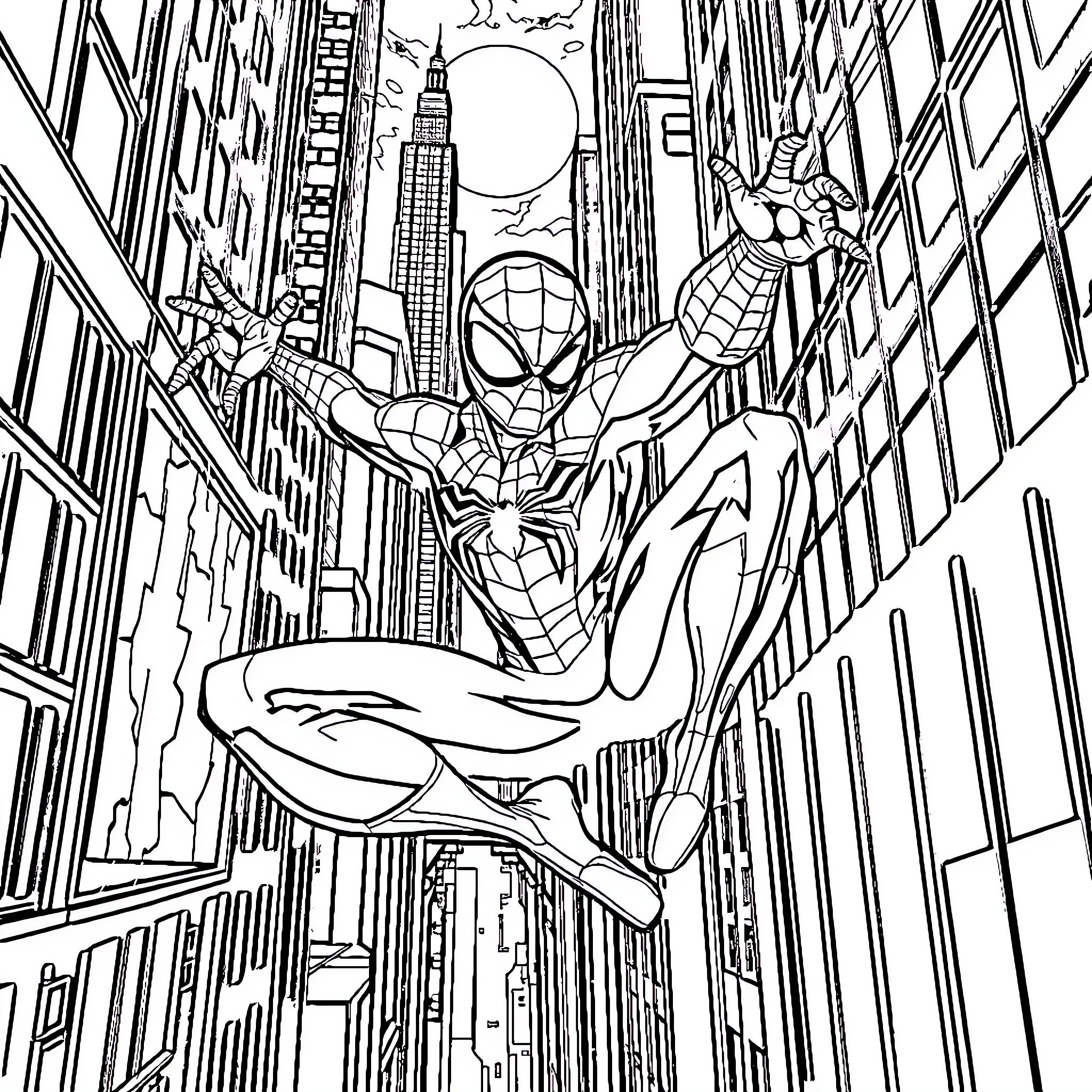 Spiderman swinging through the city skyline Coloring Page (free black-and-white line drawing printable PDF for all, from beginners to advanced learners, including children, teens, adults, and seniors)