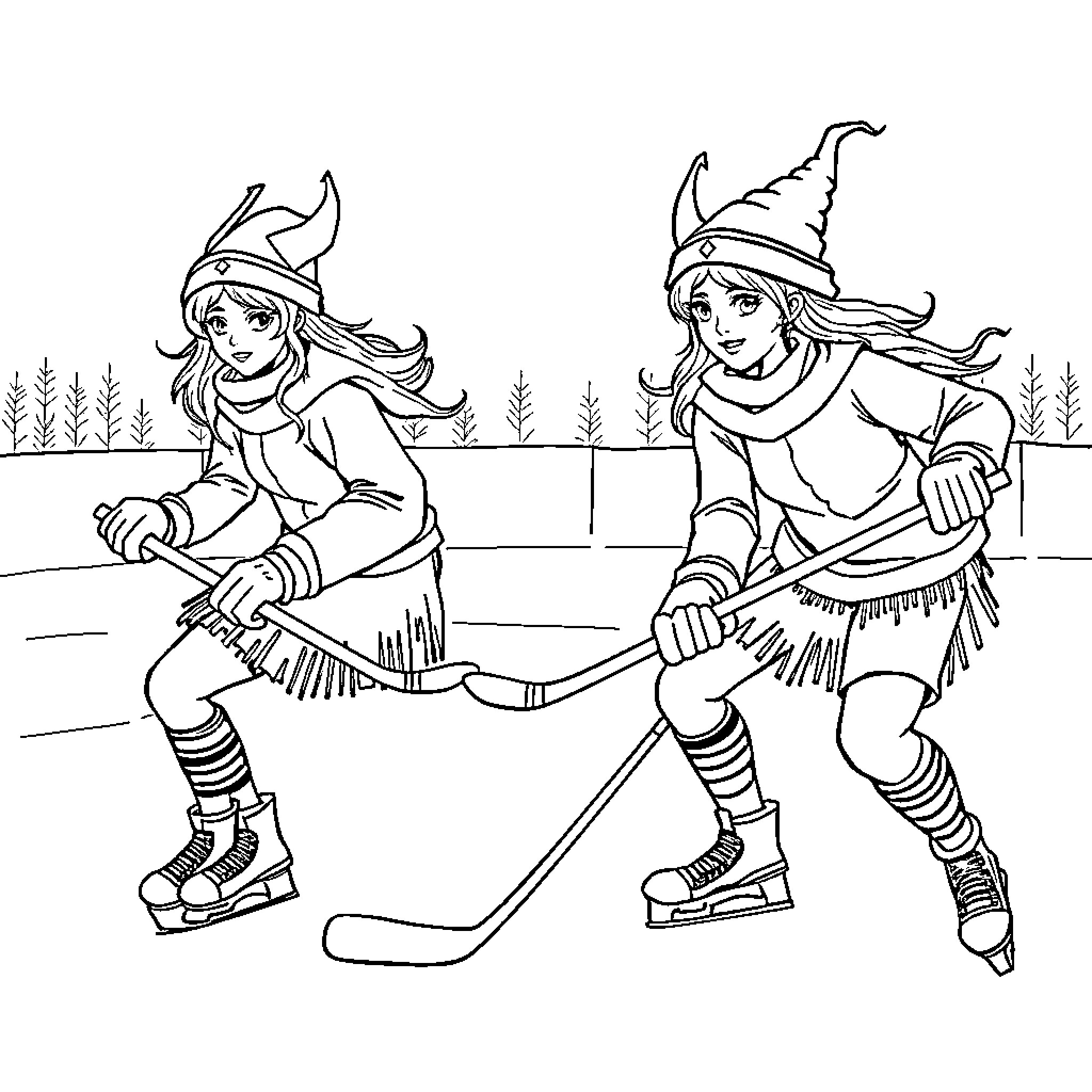 Witch girls skating on ice with hockey sticks Coloring Page (free black-and-white line drawing printable PDF for all, from beginners to advanced learners, including children, teens, adults, and seniors)