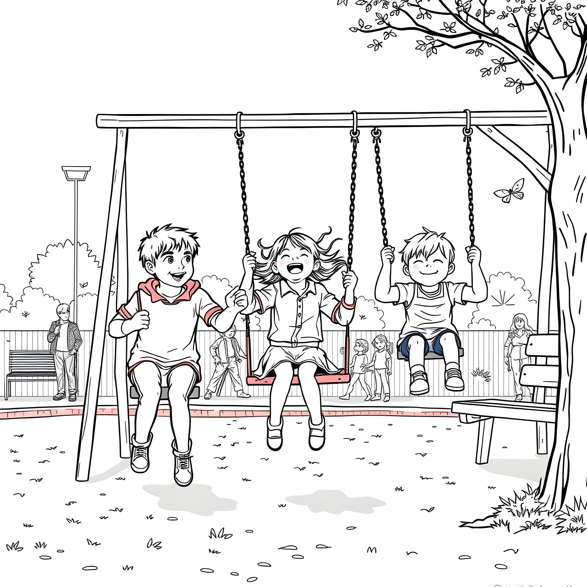 Children playing happily on a swing set in the park Coloring Page (free black-and-white line drawing printable PDF for all, from beginners to advanced learners, including children, teens, adults, and seniors)