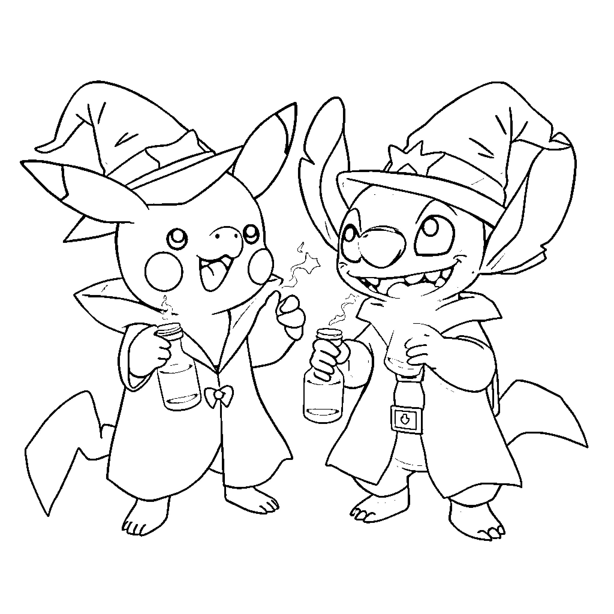 Pikachu and Stitch Dressed as Cowboy Adventurers Coloring Page (free black-and-white line drawing printable PDF for all, from beginners to advanced learners, including children, teens, adults, and seniors)