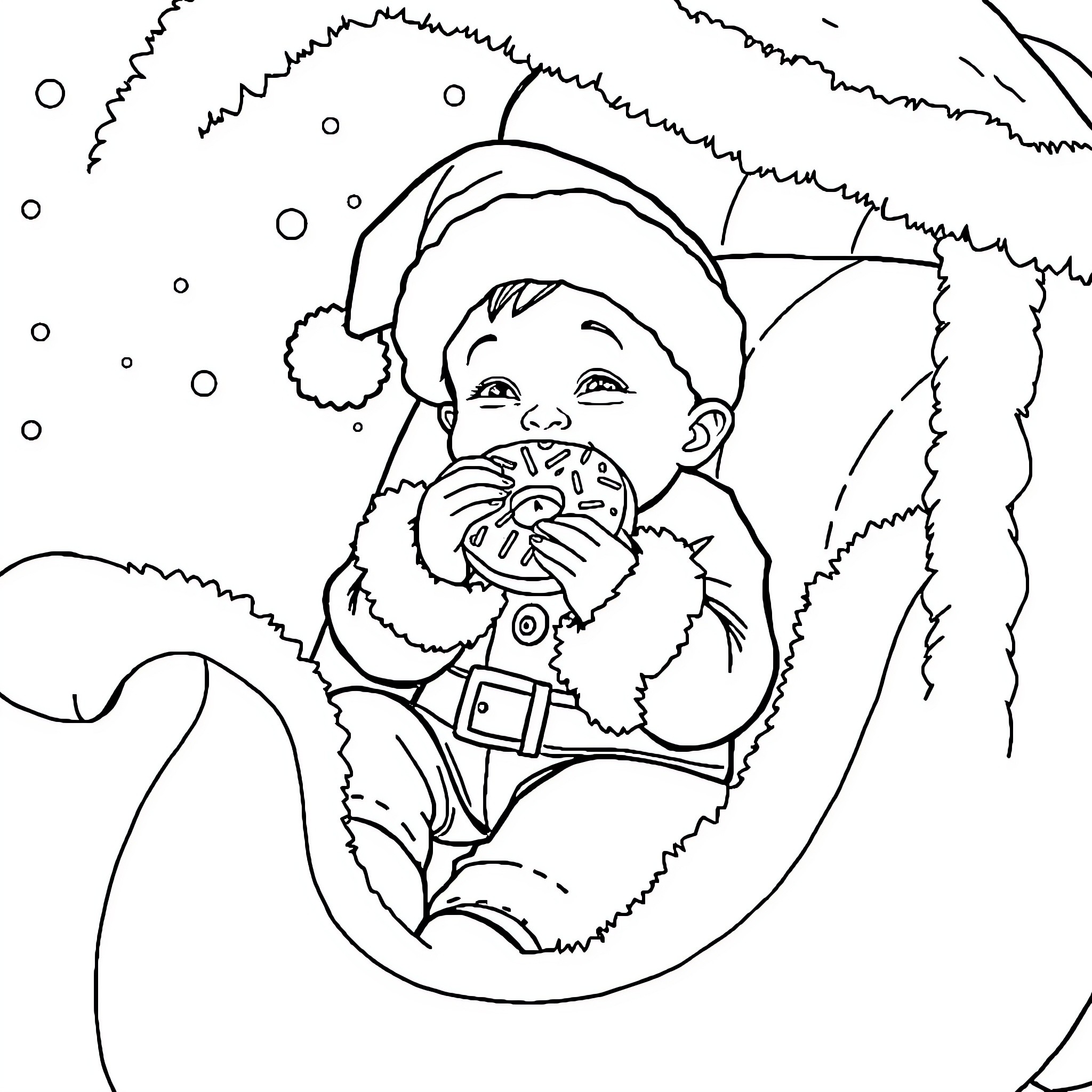 Baby in a warm winter outfit playing in the snow Coloring Page (free black-and-white line drawing printable PDF for all, from beginners to advanced learners, including children, teens, adults, and seniors)