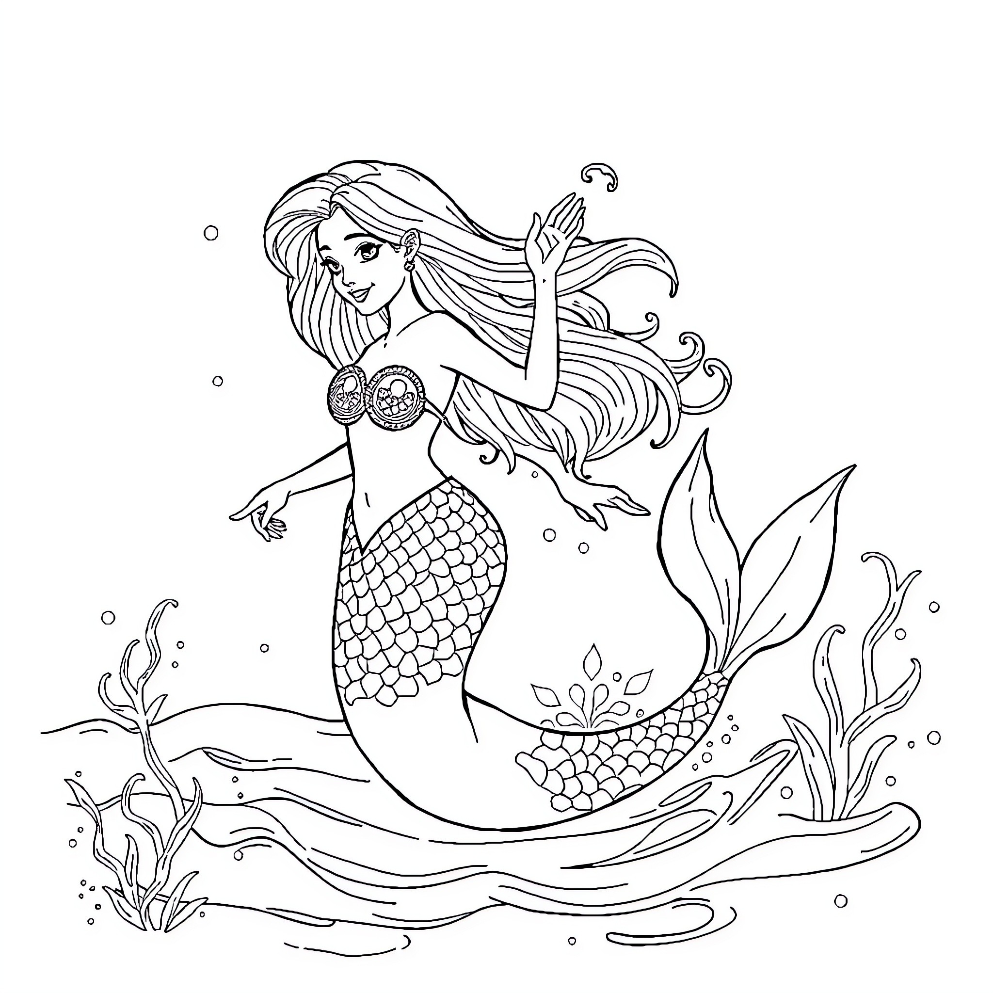 Mermaid gracefully swimming in the underwater scene Coloring Page (free black-and-white line drawing printable PDF for all, from beginners to advanced learners, including children, teens, adults, and seniors)